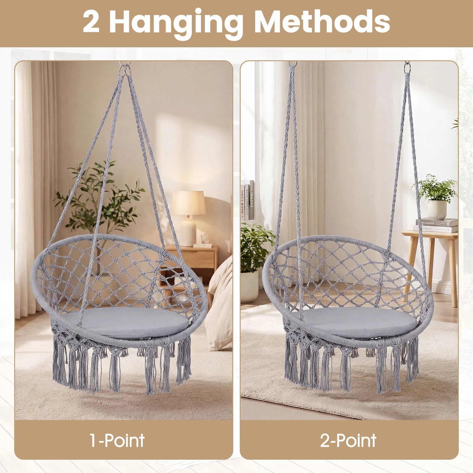 Macrame Swing Chair With Round Seat Cushion, Grey - Image 6