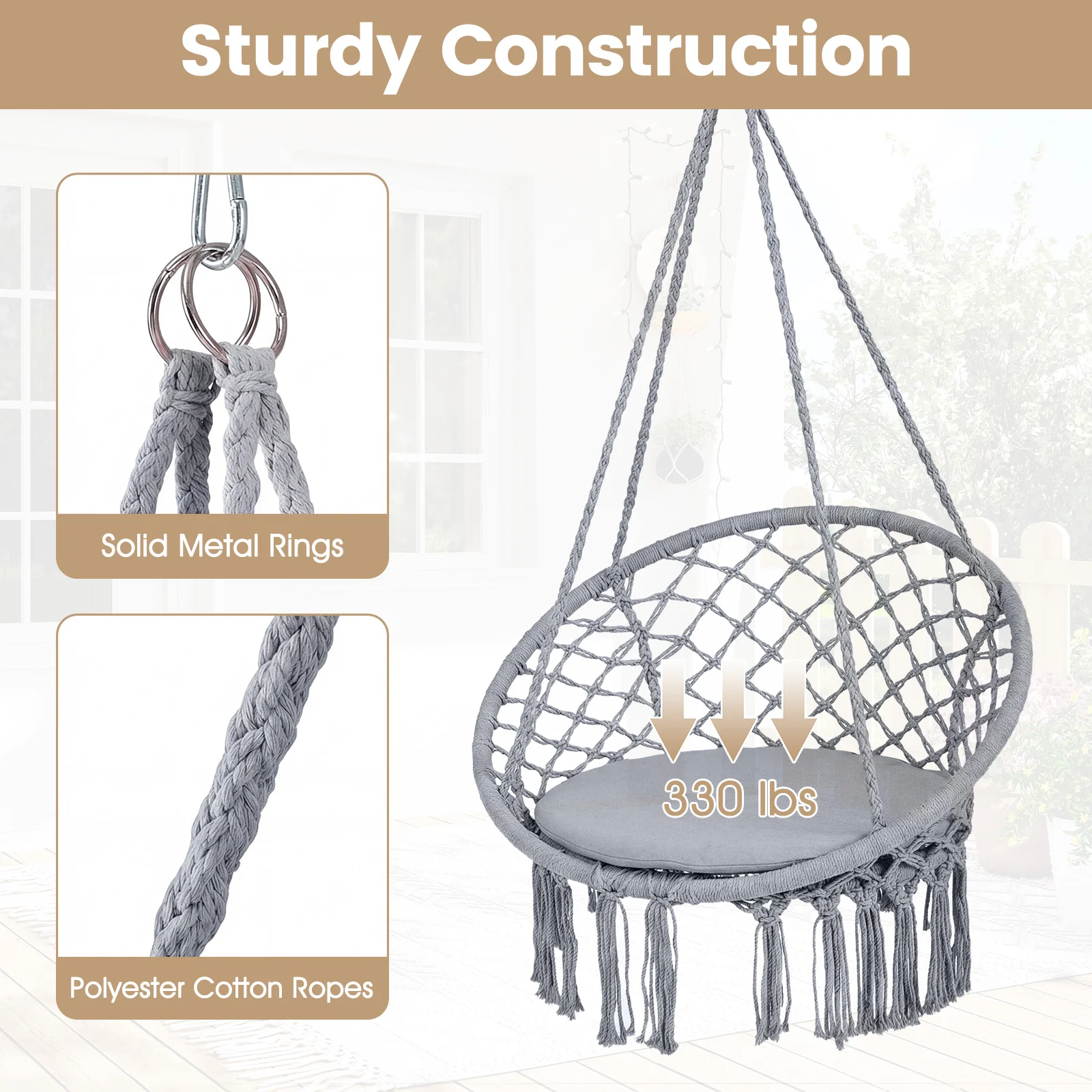 Macrame Swing Chair With Round Seat Cushion, Grey - Image 7