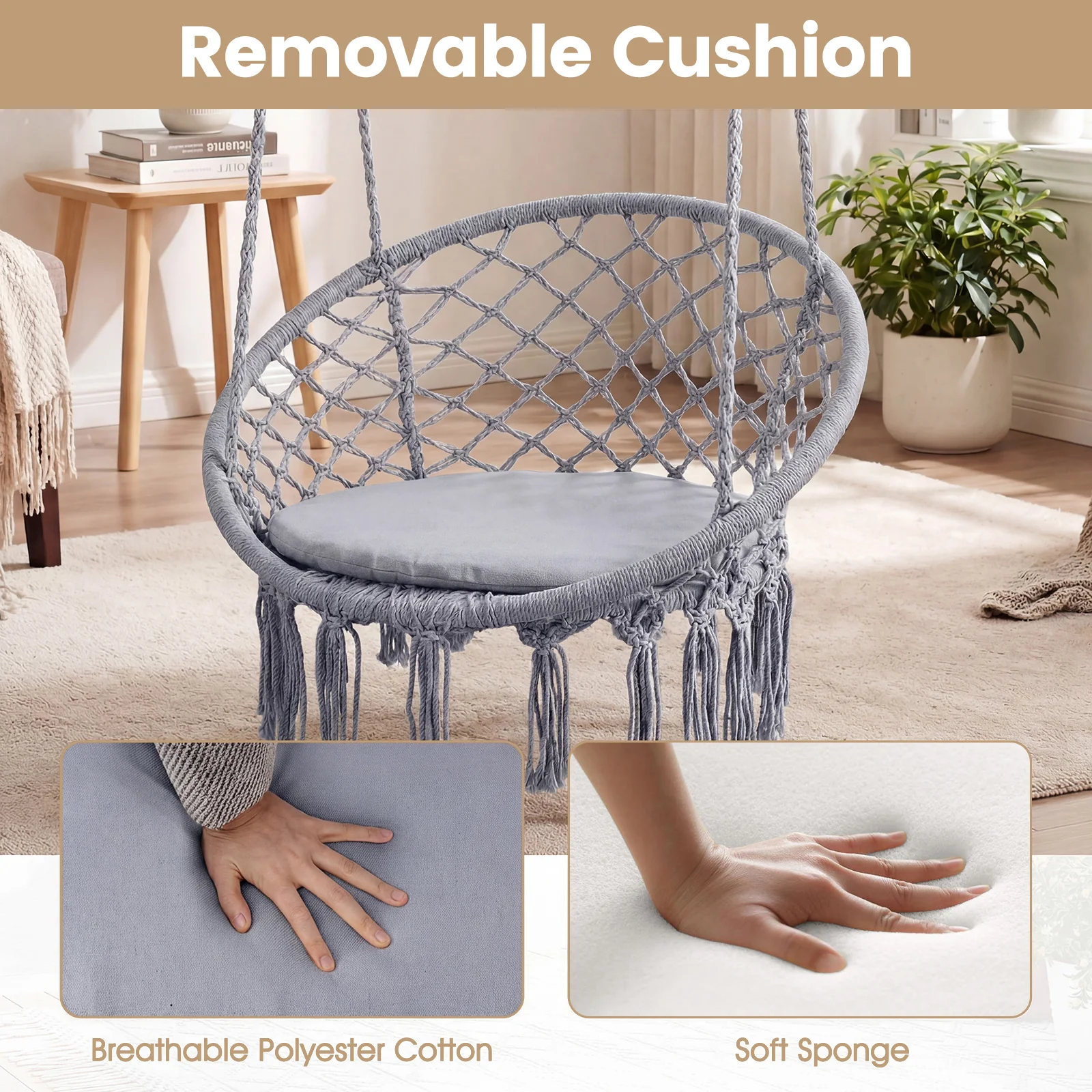 Macrame Swing Chair With Round Seat Cushion, Grey - Image 8