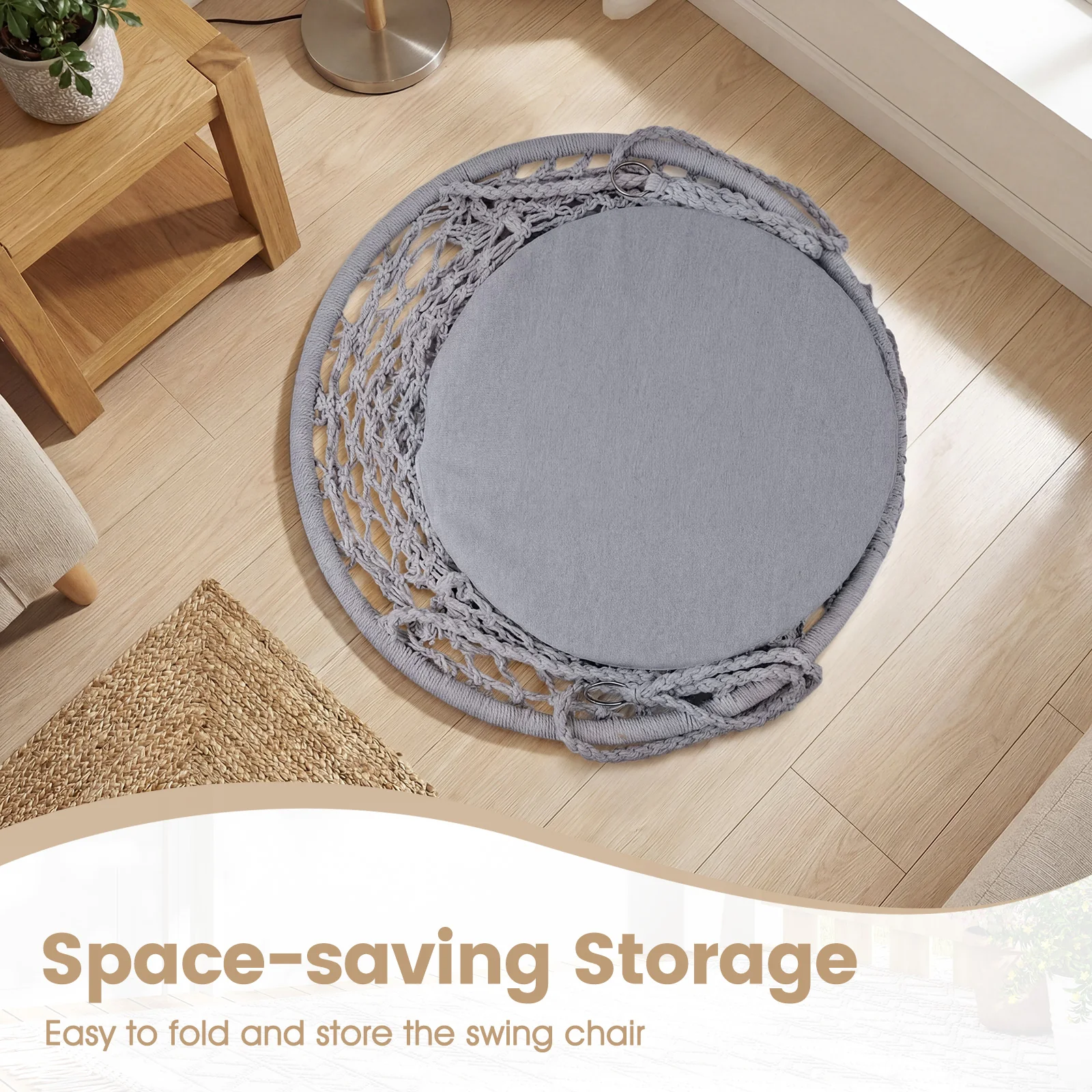 Macrame Swing Chair With Round Seat Cushion, Grey - Image 9