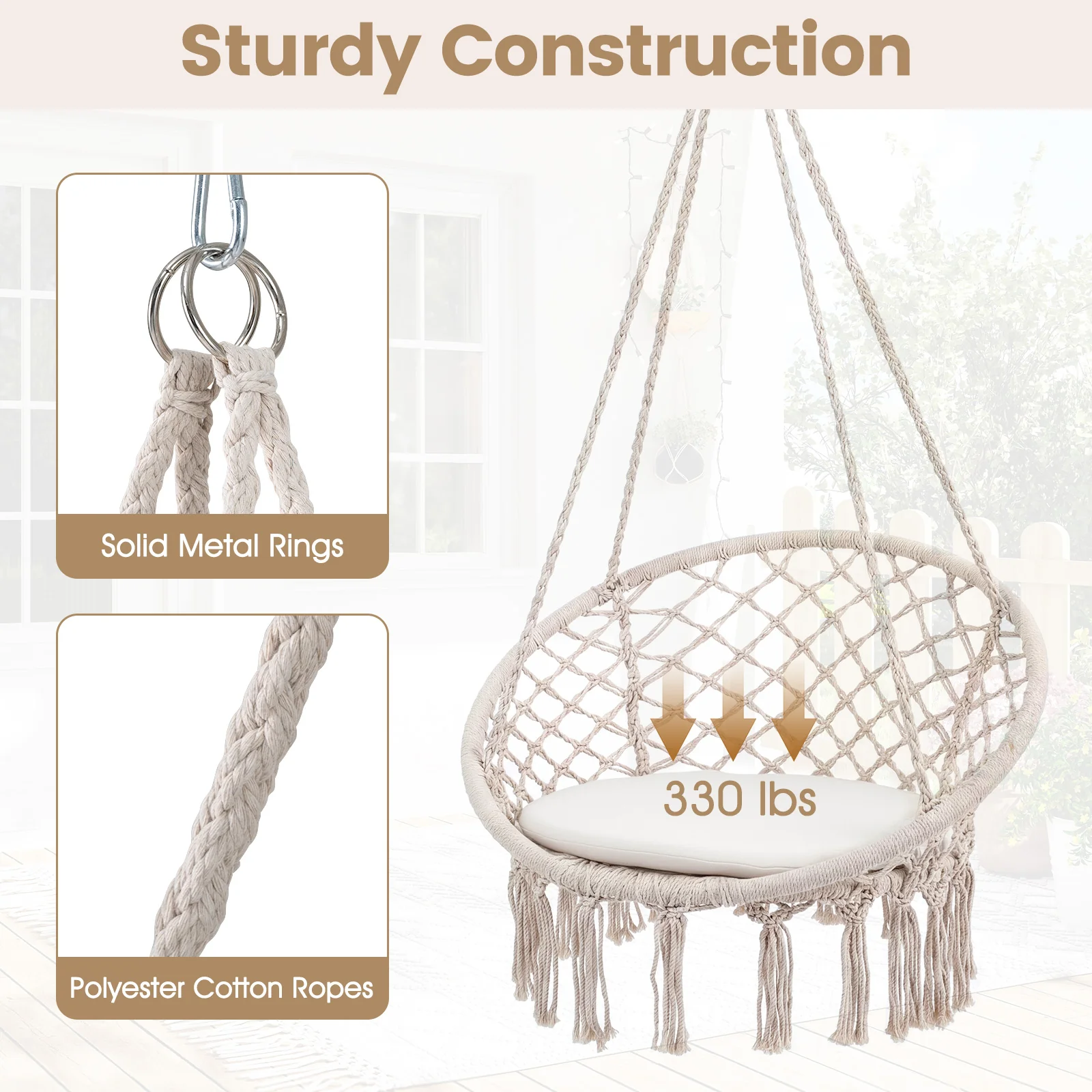 Macrame Swing Hammock Chair With Round Seat Cushion, Beige - Image 7