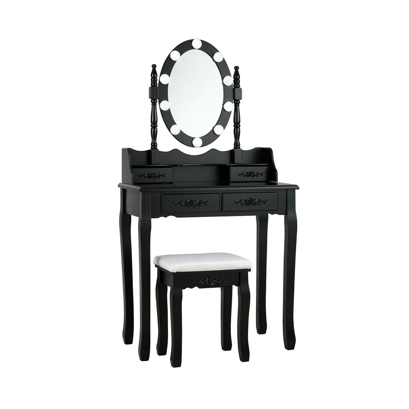 Makeup Dressing Table, Touch Switch Lighted Mirror, Cushioned Stool, Black
