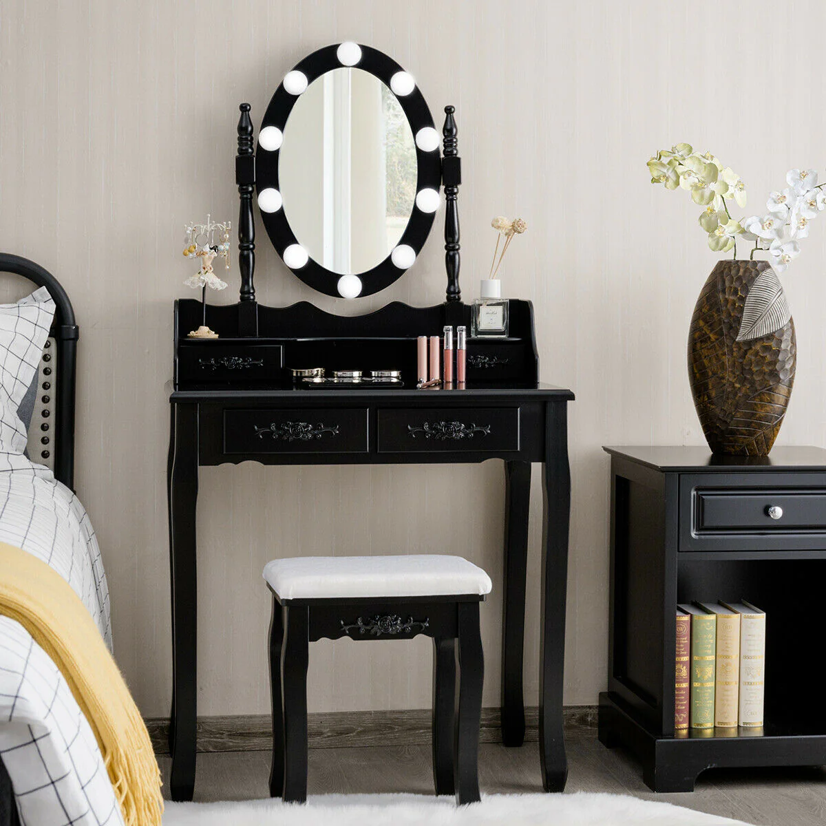 Makeup Dressing Table, Touch Switch Lighted Mirror, Cushioned Stool, Black - Image 4