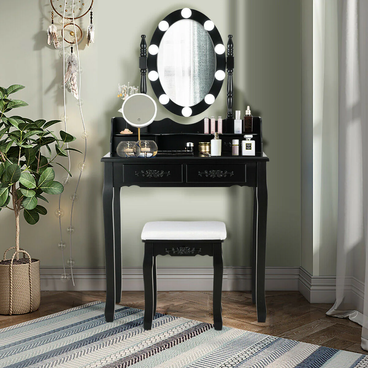 Makeup Dressing Table, Touch Switch Lighted Mirror, Cushioned Stool, Black - Image 5