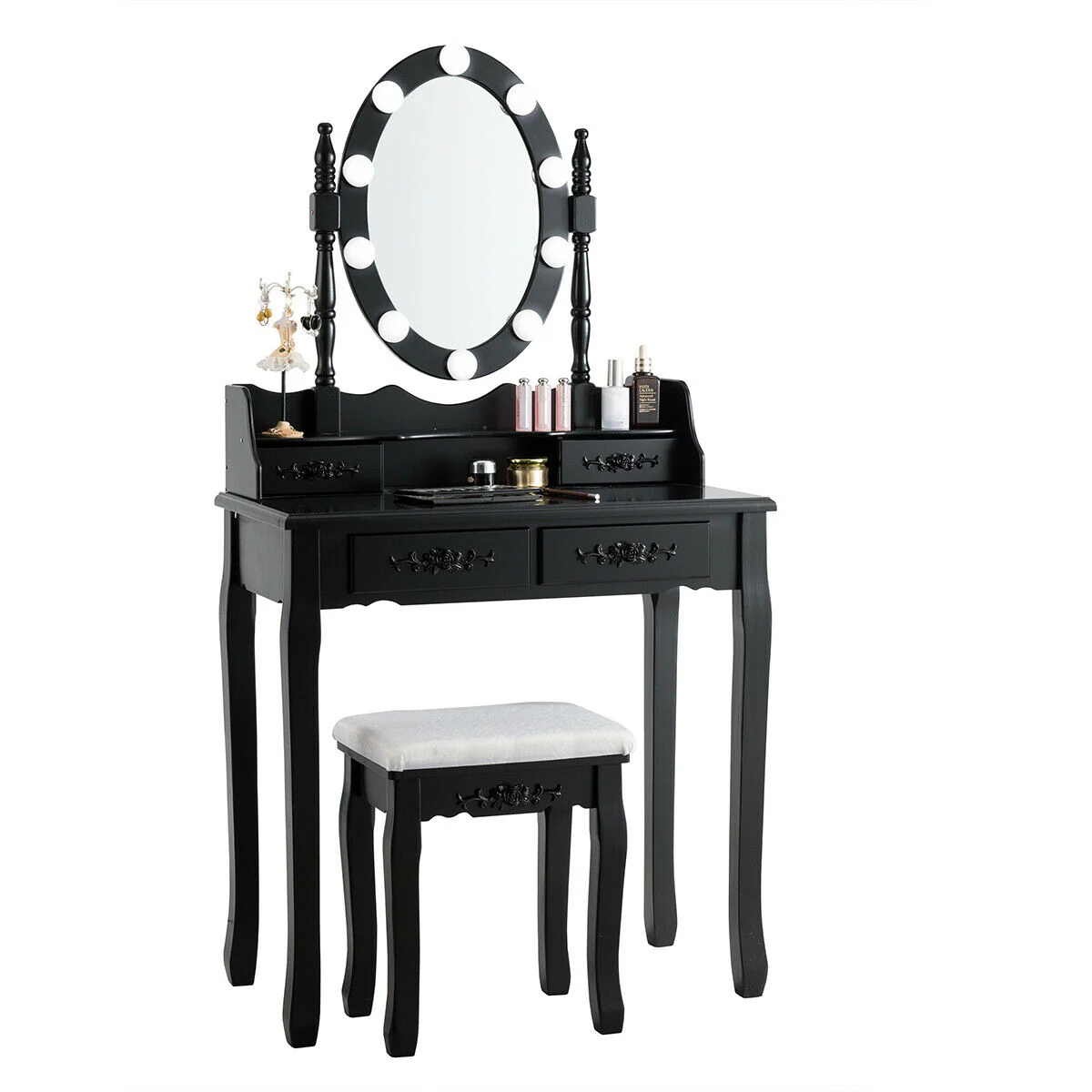Makeup Dressing Table, Touch Switch Lighted Mirror, Cushioned Stool, Black - Image 6