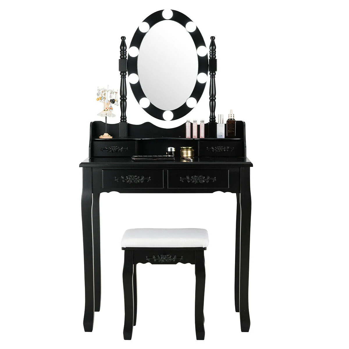 Makeup Dressing Table, Touch Switch Lighted Mirror, Cushioned Stool, Black - Image 7