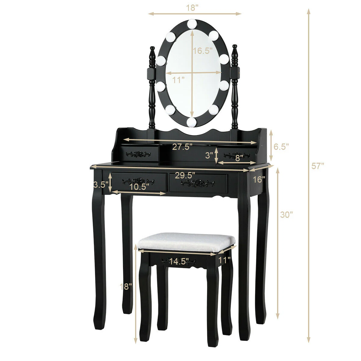 Makeup Dressing Table, Touch Switch Lighted Mirror, Cushioned Stool, Black - Image 8