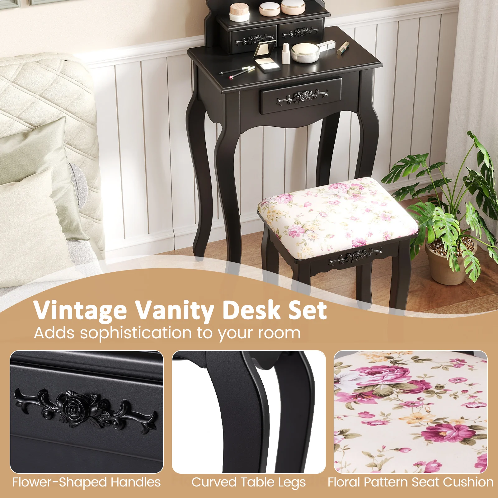 Makeup Dressing Table and Bench 3 Drawers and Cushioned Stool for Girls, Black - Image 10