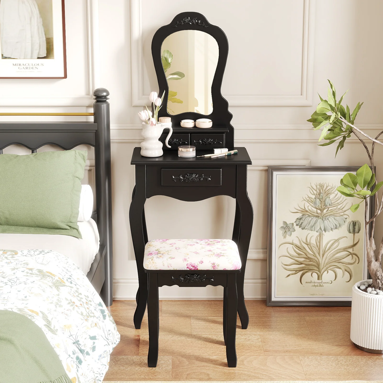 Makeup Dressing Table and Bench 3 Drawers and Cushioned Stool for Girls, Black - Image 2