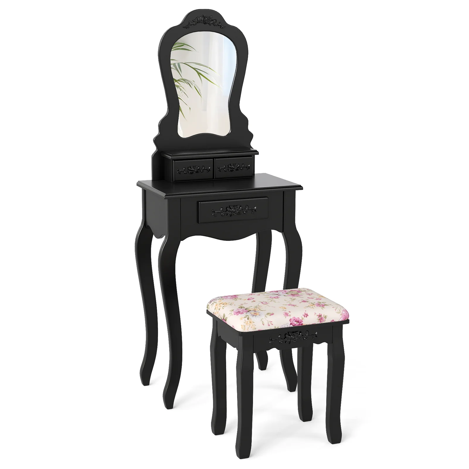 Makeup Dressing Table and Bench 3 Drawers and Cushioned Stool for Girls, Black - Image 4