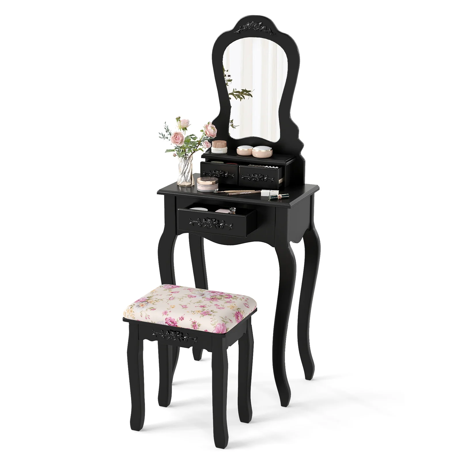 Makeup Dressing Table and Bench 3 Drawers and Cushioned Stool for Girls, Black - Image 5