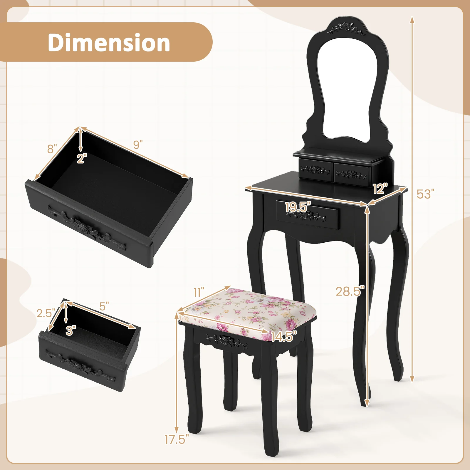 Makeup Dressing Table and Bench 3 Drawers and Cushioned Stool for Girls, Black - Image 6