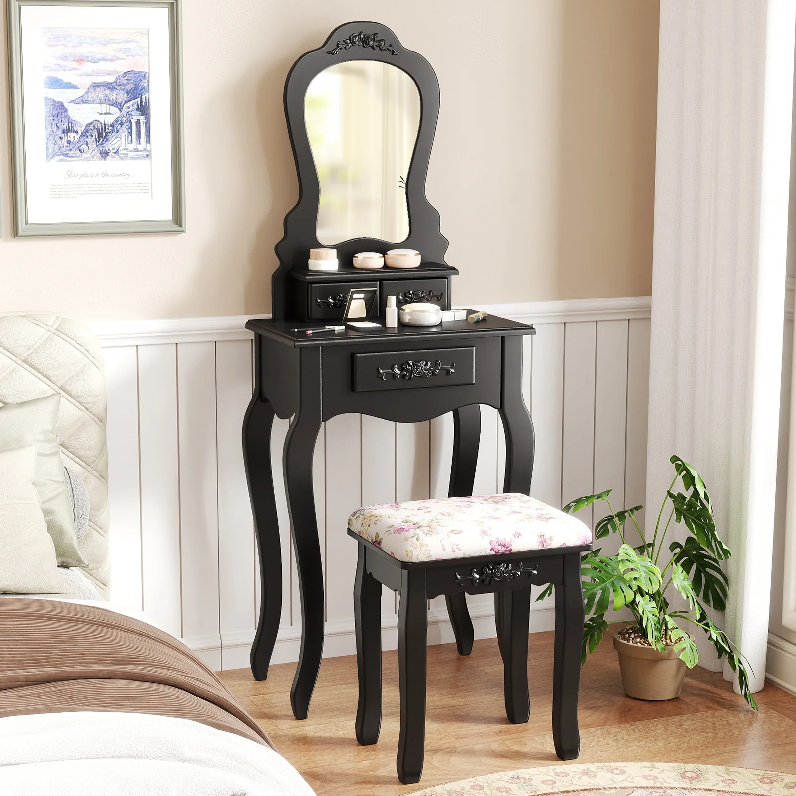 Makeup Dressing Table and Bench 3 Drawers and Cushioned Stool for Girls, Black - Image 7