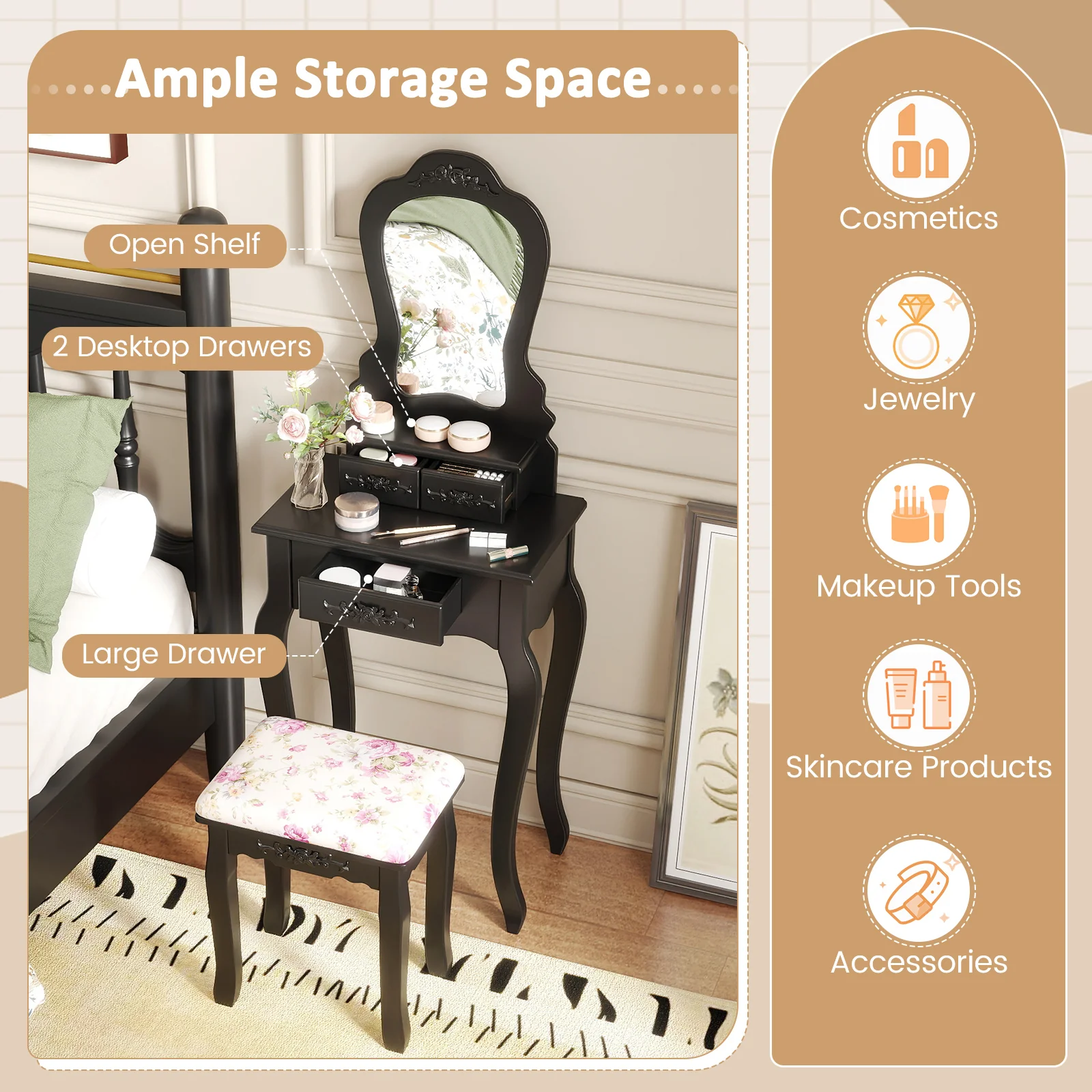 Makeup Dressing Table and Bench 3 Drawers and Cushioned Stool for Girls, Black - Image 8
