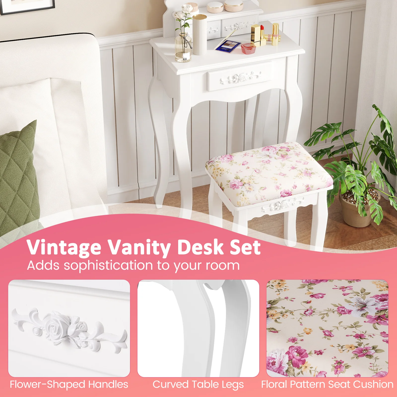 Makeup Dressing Table and Bench 3 Drawers and Cushioned Stool for Girls, White - Image 10