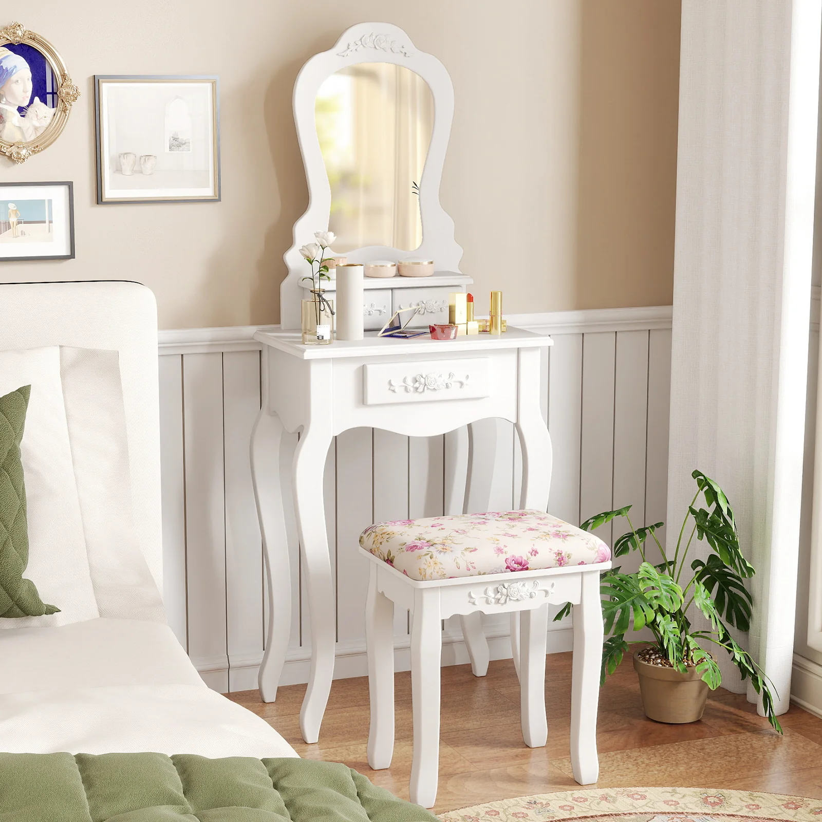 Makeup Dressing Table and Bench 3 Drawers and Cushioned Stool for Girls, White - Image 2