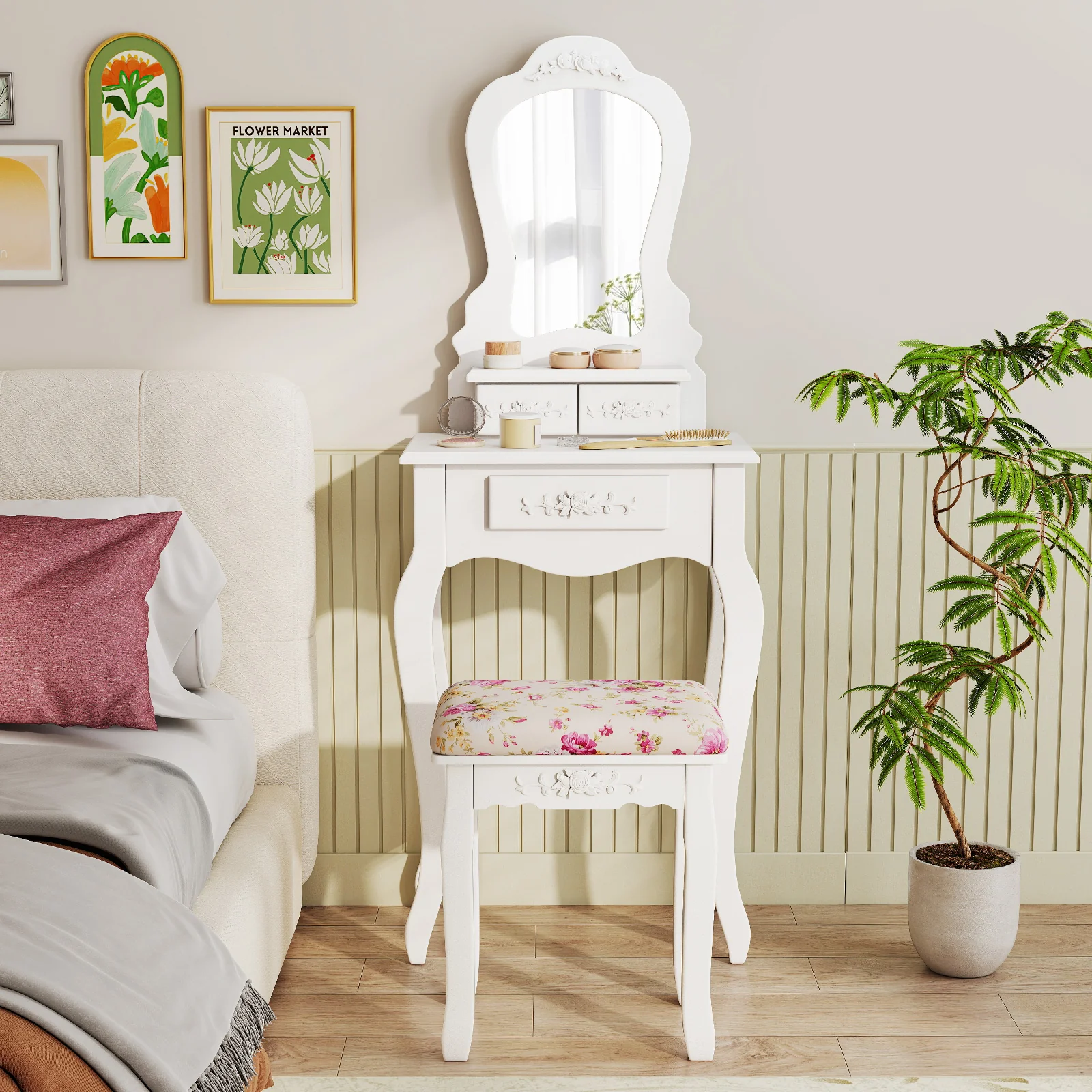 Makeup Dressing Table and Bench 3 Drawers and Cushioned Stool for Girls, White - Image 3