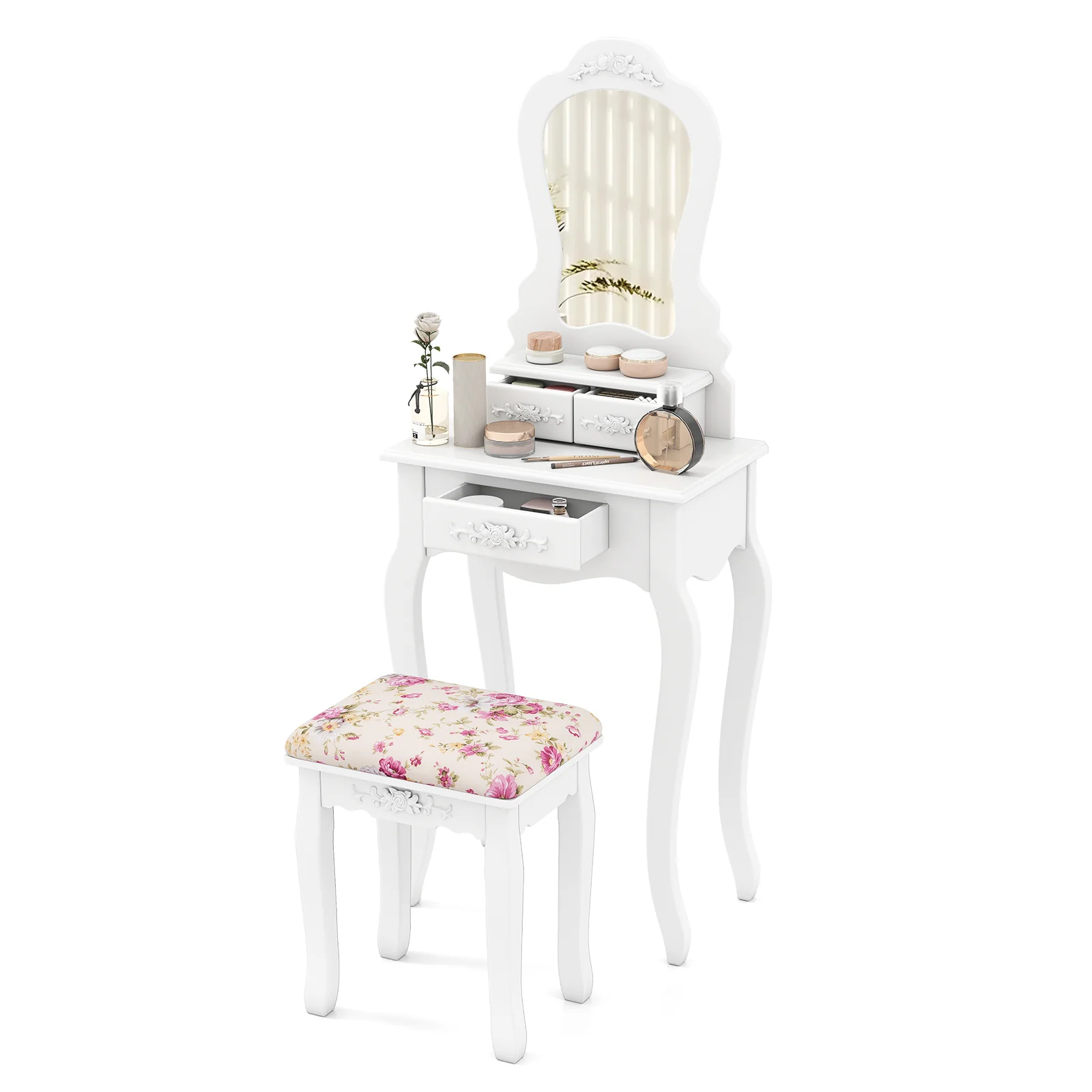 Makeup Dressing Table and Bench 3 Drawers and Cushioned Stool for Girls, White - Image 5