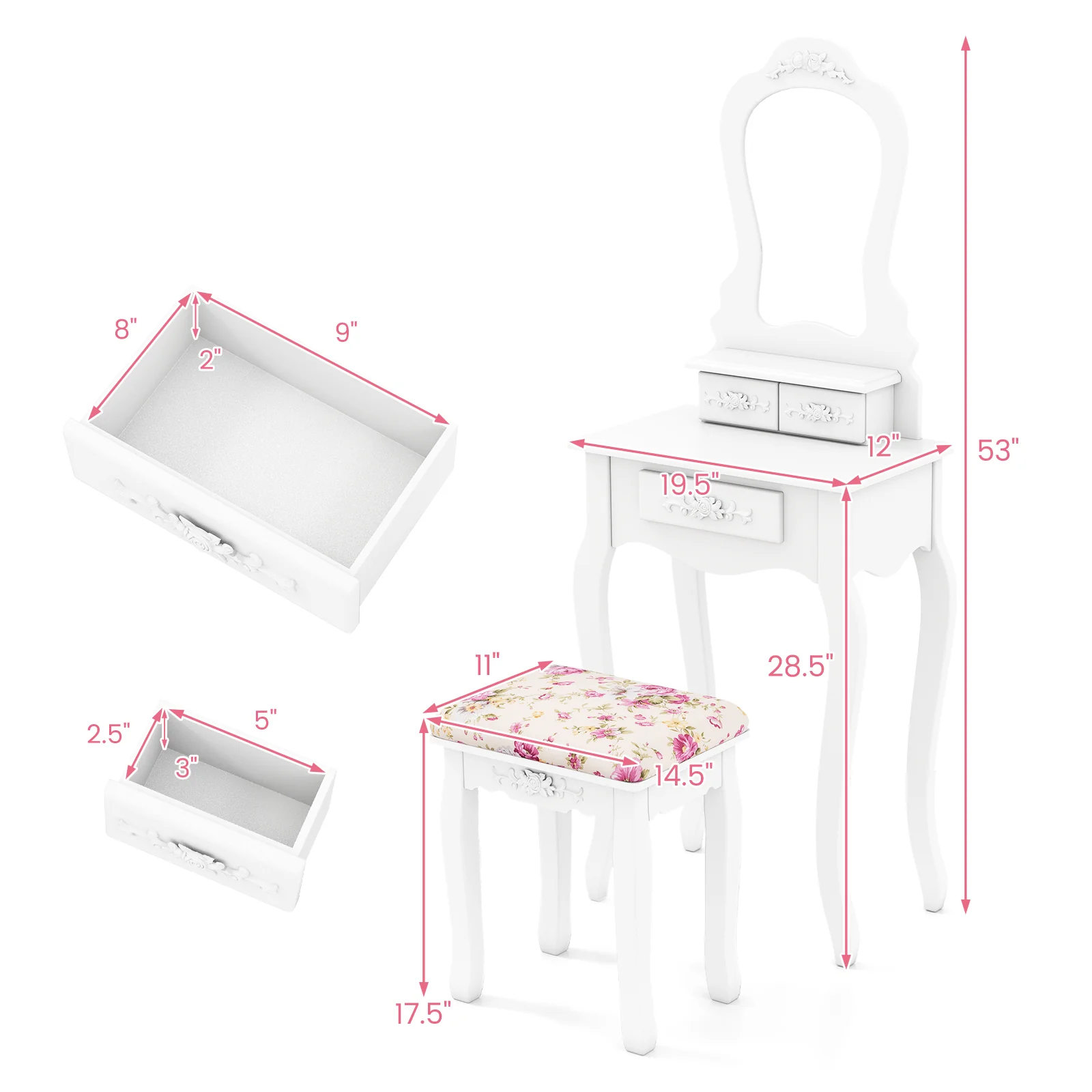 Makeup Dressing Table and Bench 3 Drawers and Cushioned Stool for Girls, White - Image 6