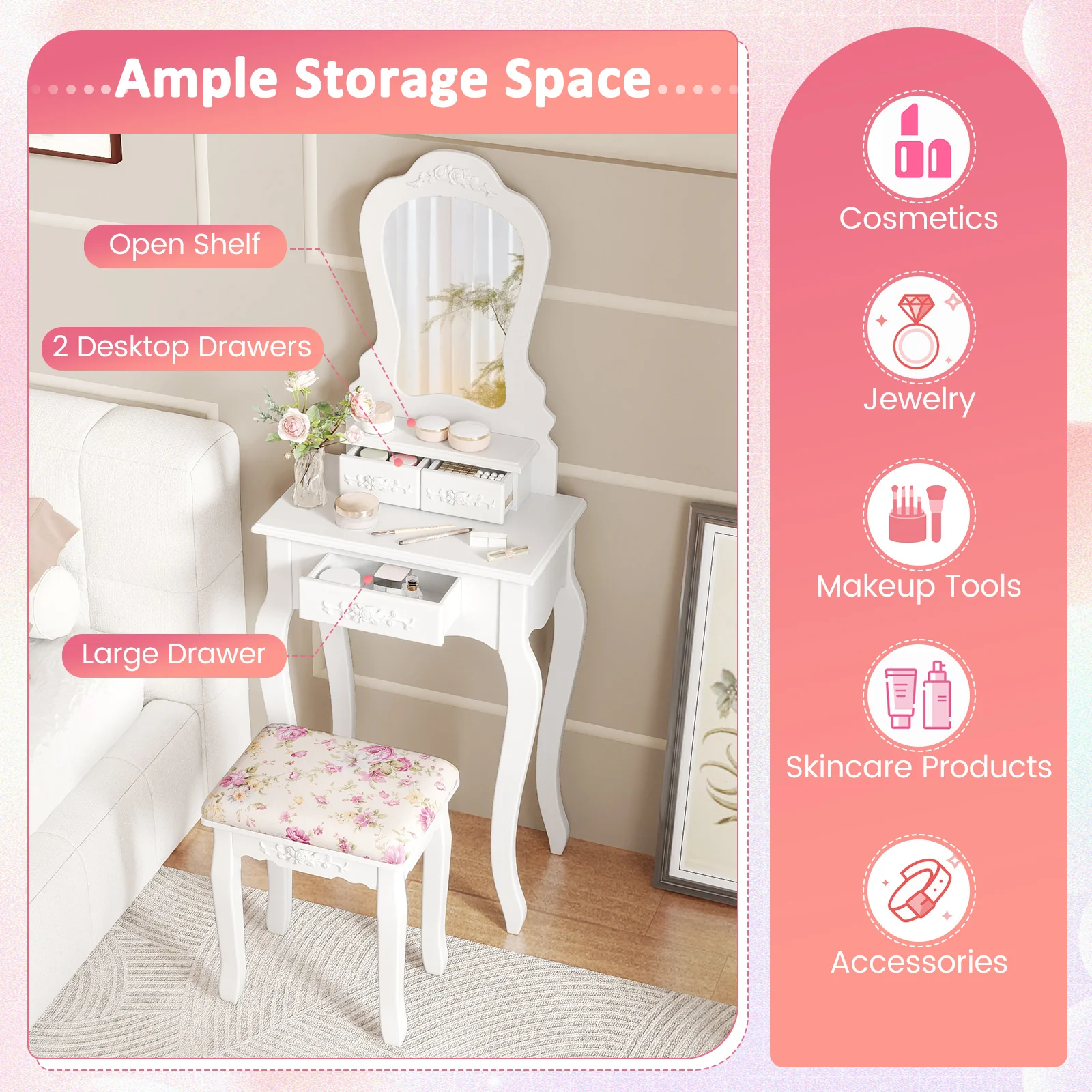 Makeup Dressing Table and Bench 3 Drawers and Cushioned Stool for Girls, White - Image 8