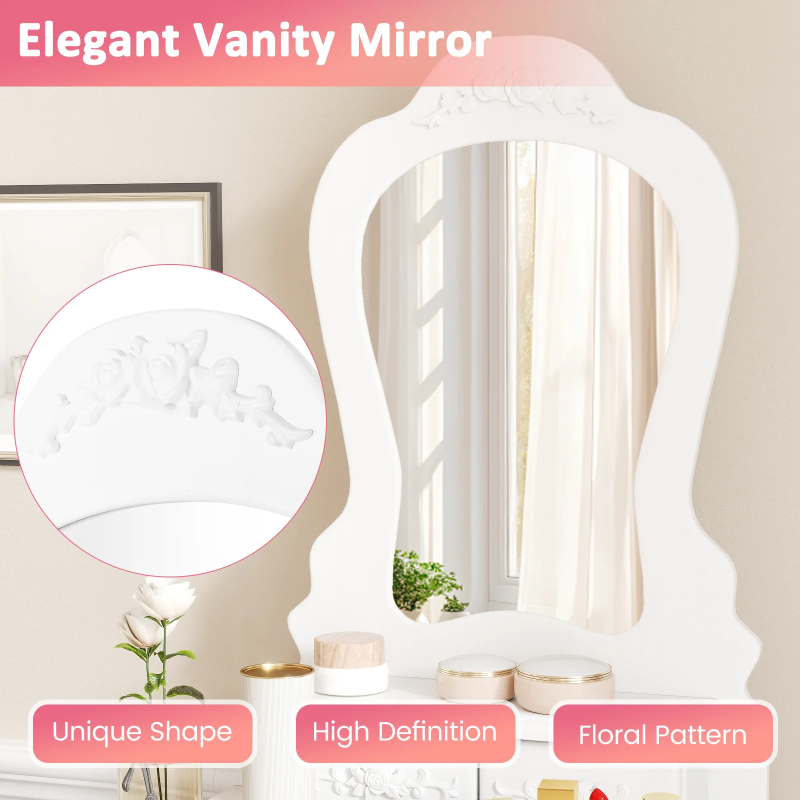 Makeup Dressing Table and Bench 3 Drawers and Cushioned Stool for Girls, White - Image 9