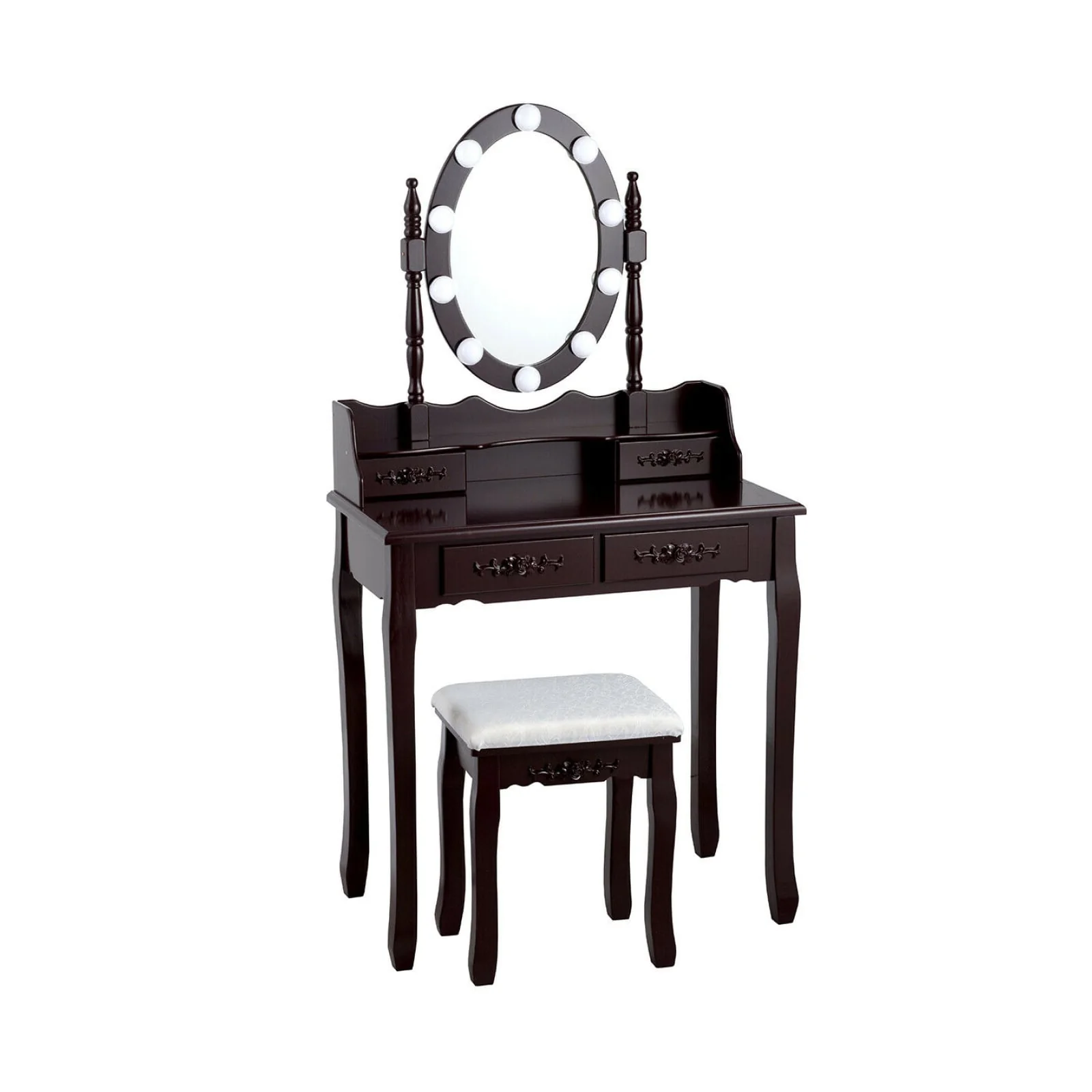 Makeup Dressing Table With Touch Switch Lighted Mirror, Cushioned Stool, Brown