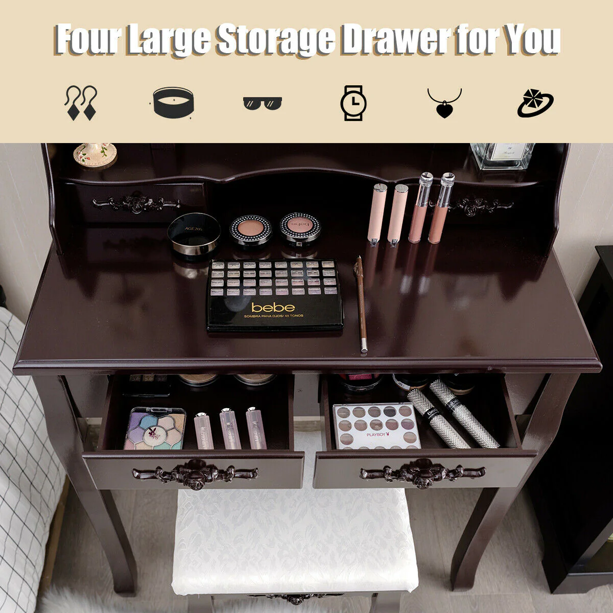 Makeup Dressing Table With Touch Switch Lighted Mirror, Cushioned Stool, Brown - Image 10