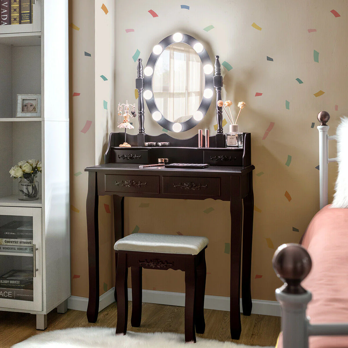 Makeup Dressing Table With Touch Switch Lighted Mirror, Cushioned Stool, Brown - Image 2