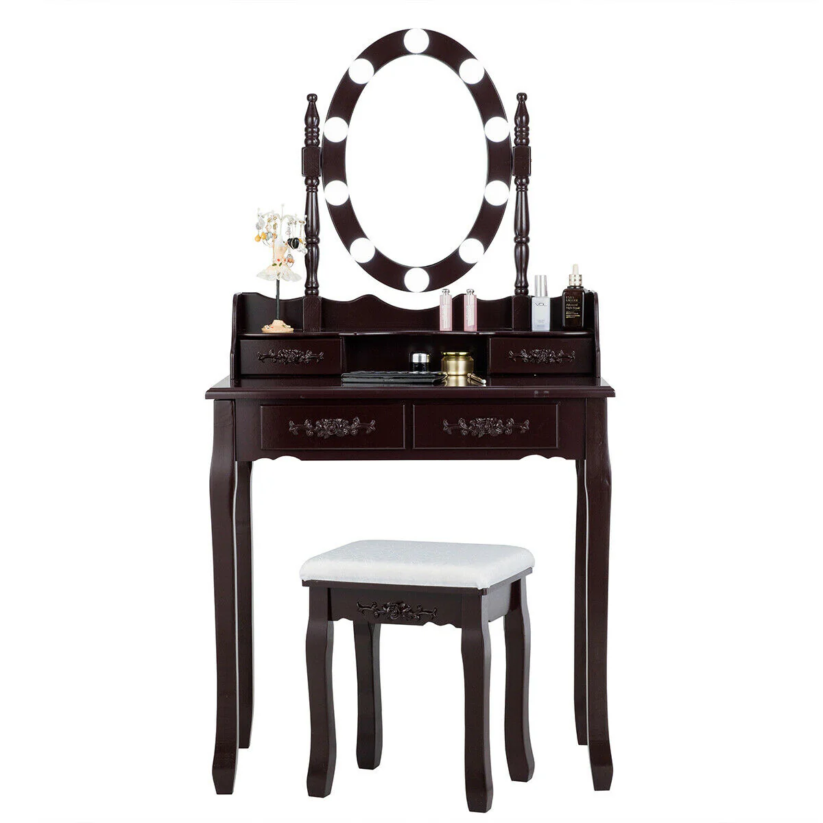 Makeup Dressing Table With Touch Switch Lighted Mirror, Cushioned Stool, Brown - Image 6