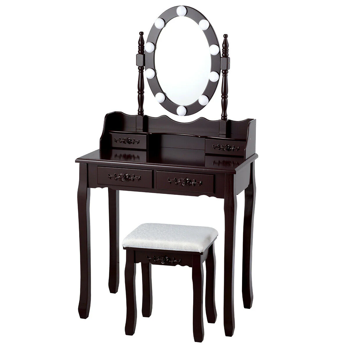 Makeup Dressing Table With Touch Switch Lighted Mirror, Cushioned Stool, Brown - Image 8