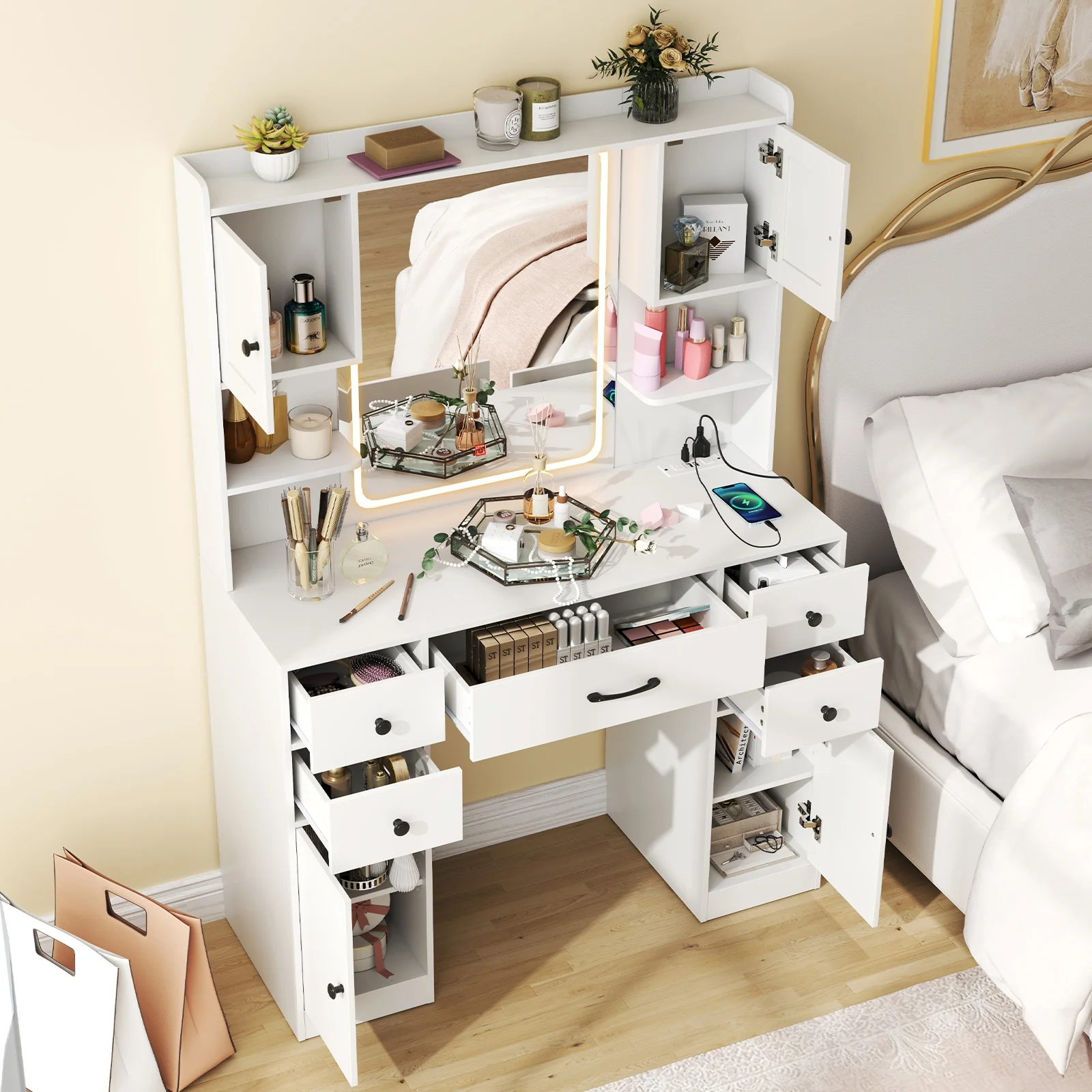 Makeup Vanity Desk With Lighted Mirror, Charging Station, White - Image 3