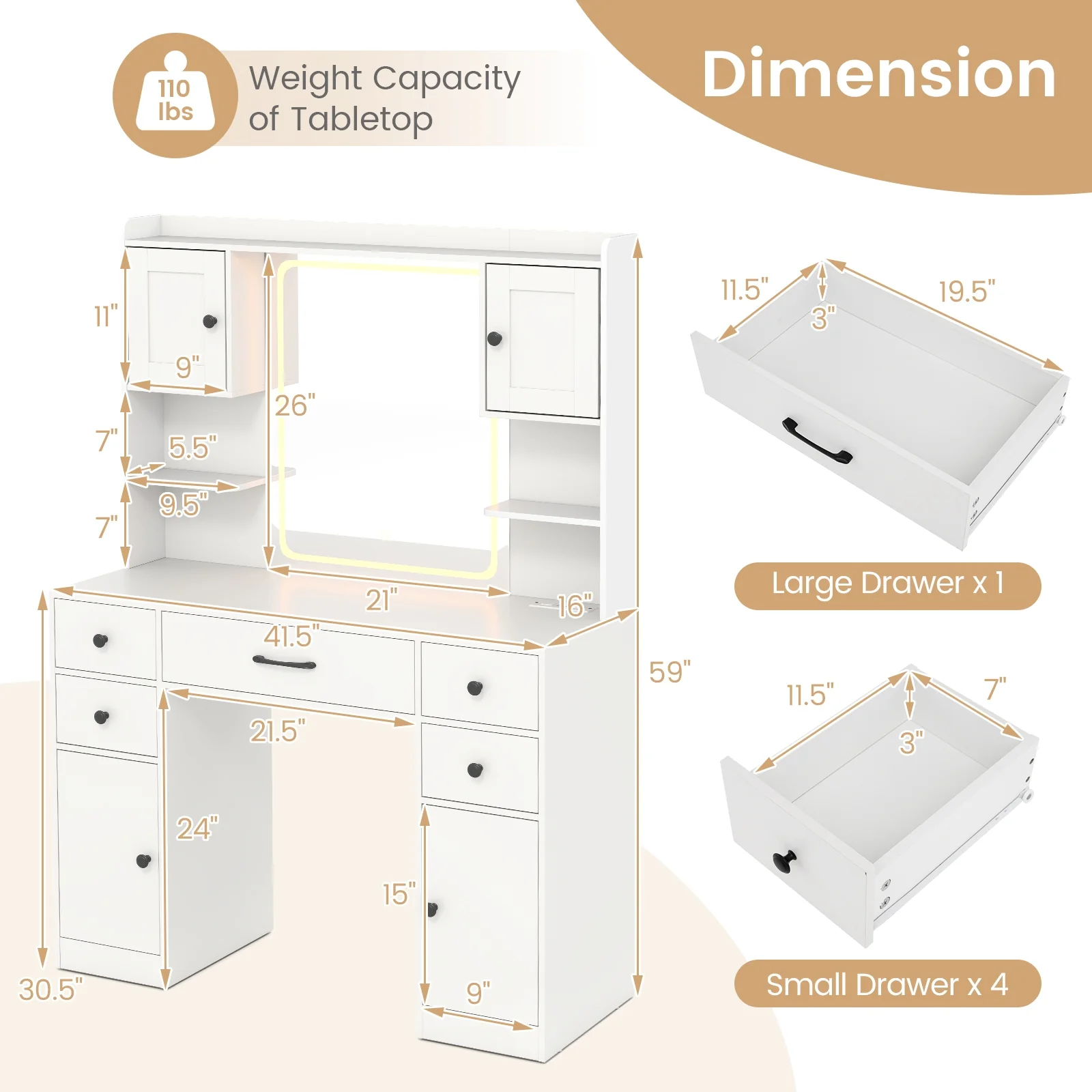 Makeup Vanity Desk With Lighted Mirror, Charging Station, White - Image 5