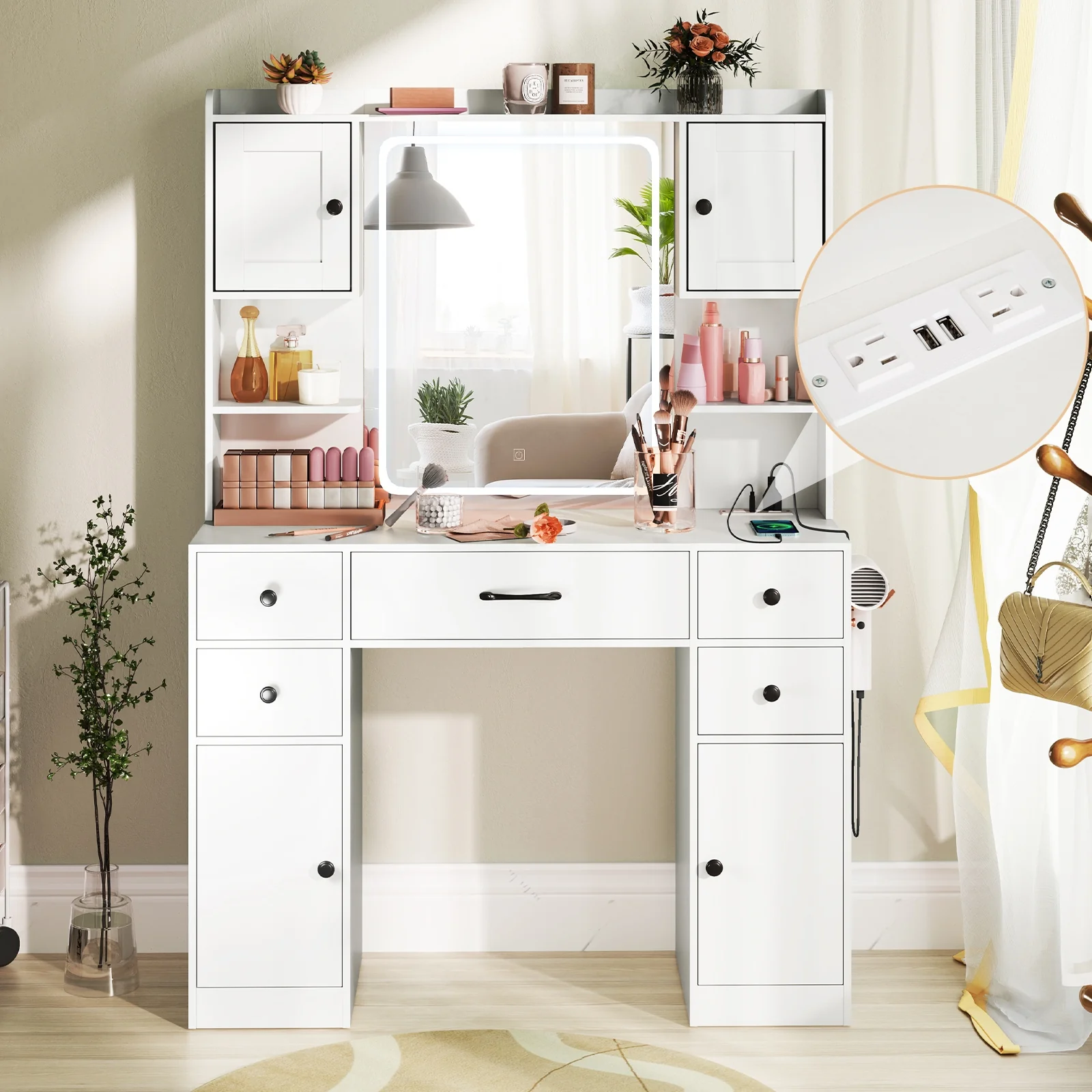Makeup Vanity Desk With Lighted Mirror, Charging Station, White - Image 6