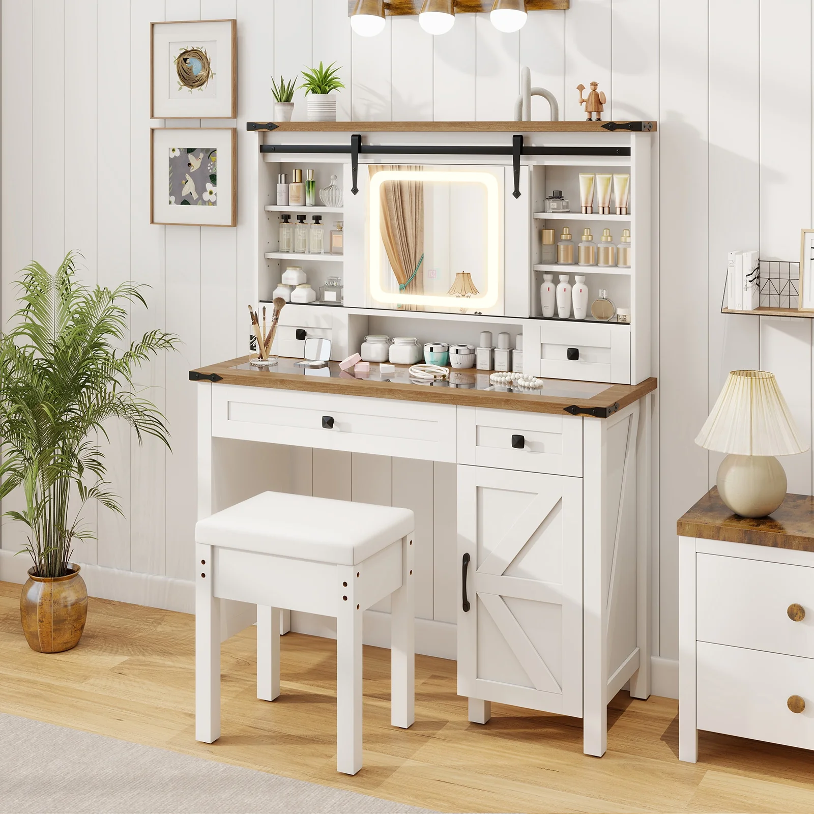 Makeup Vanity Desk With Mirror, 3-Color Dimmable LED Lights, White - Image 2