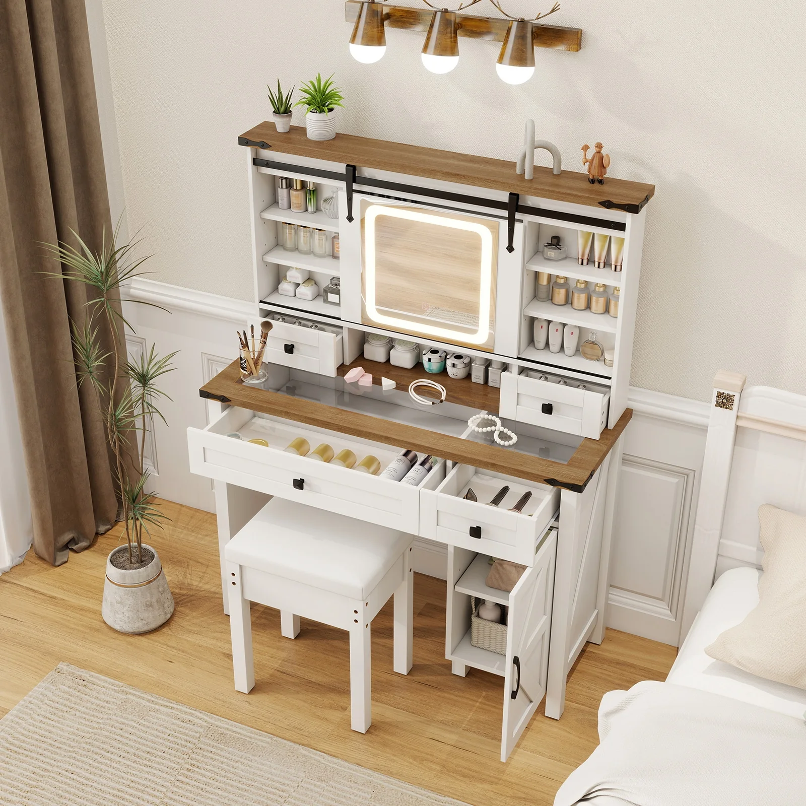 Makeup Vanity Desk With Mirror, 3-Color Dimmable LED Lights, White - Image 7