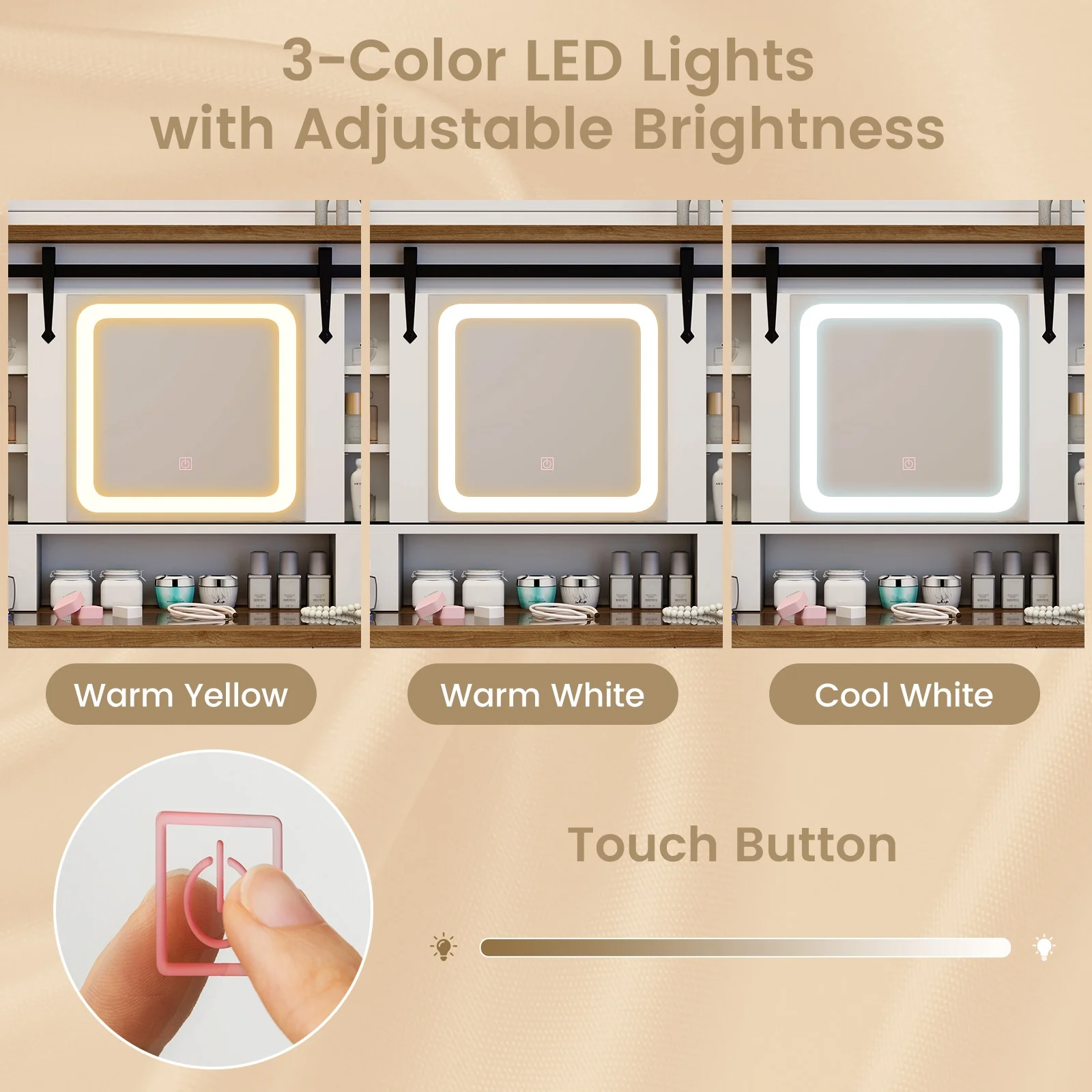 Makeup Vanity Desk With Mirror, 3-Color Dimmable LED Lights, White - Image 8