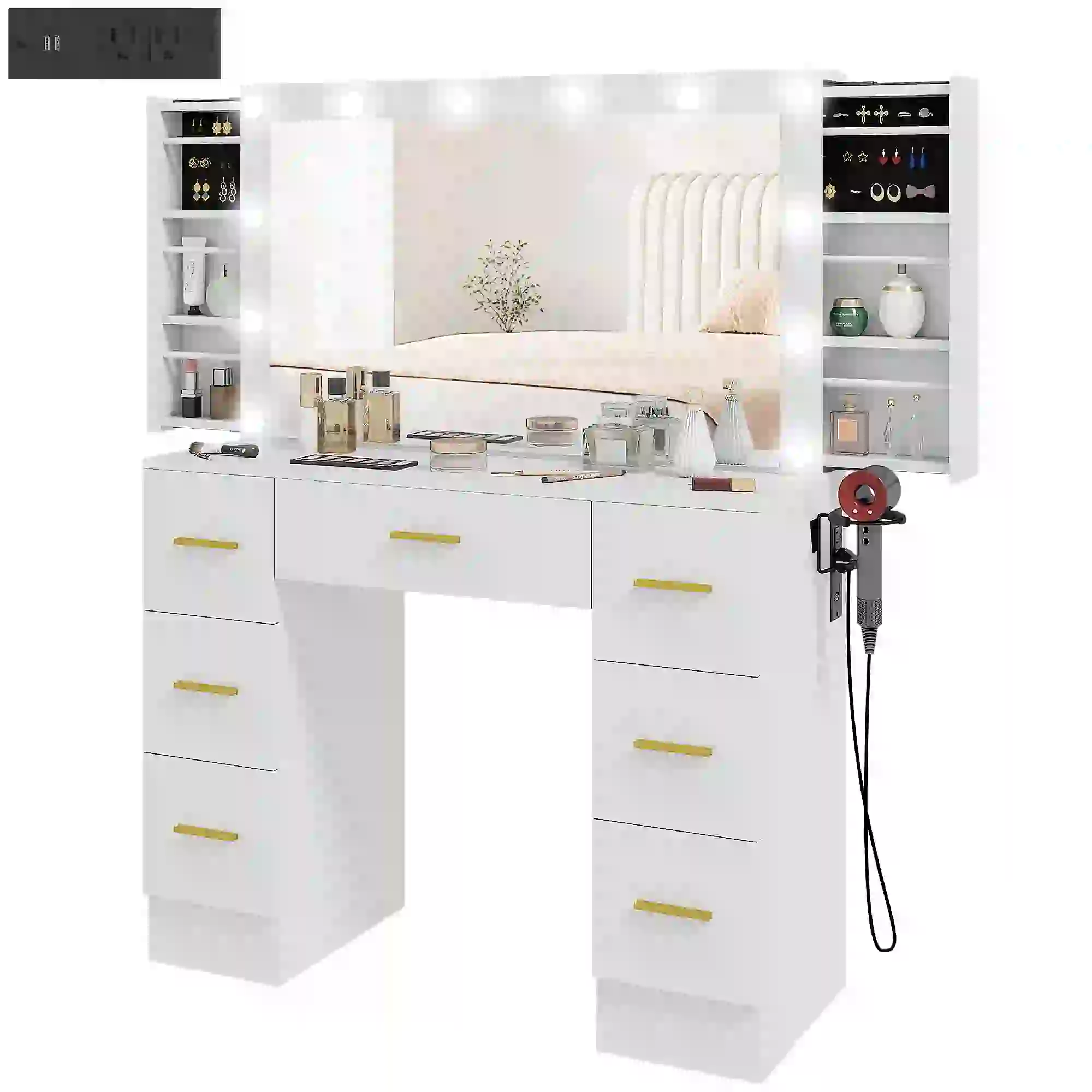 Makeup Vanity Desk with Mirror, Lights, 7 Drawers, White - Image 11