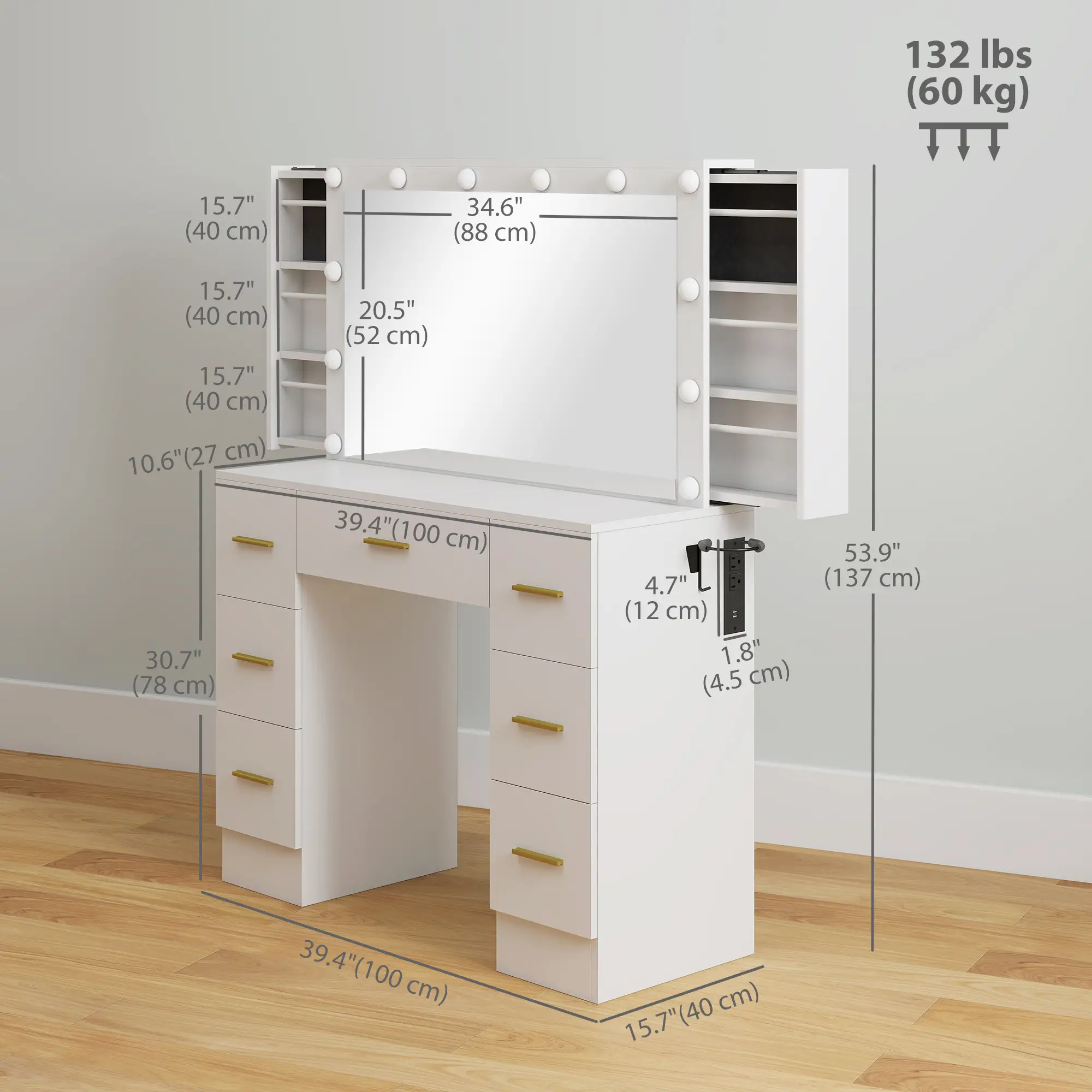 Makeup Vanity Desk with Mirror, Lights, 7 Drawers, White - Image 3