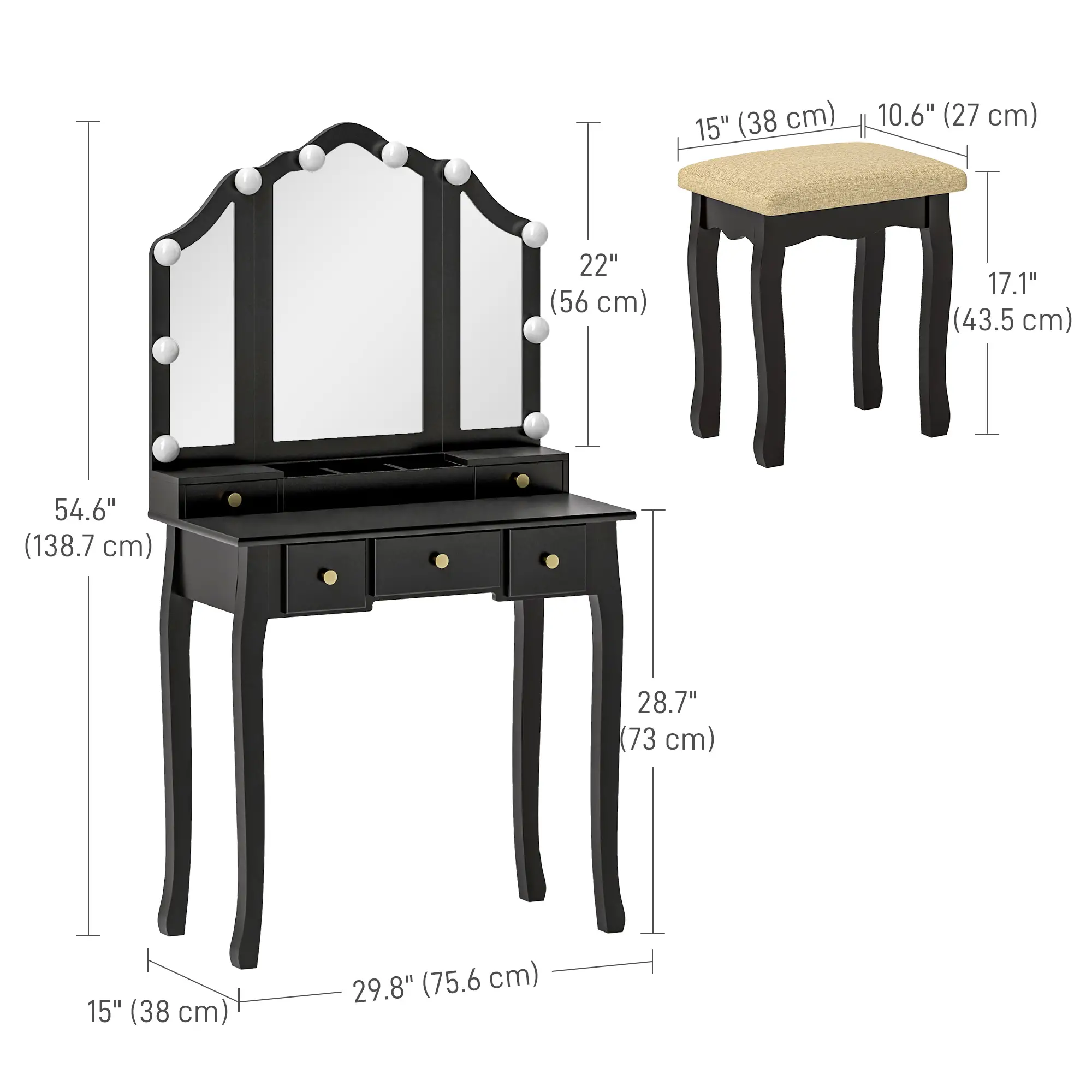 Makeup Vanity Desk with Mirror, Stool, 10 LED Lights, Black - Image 3