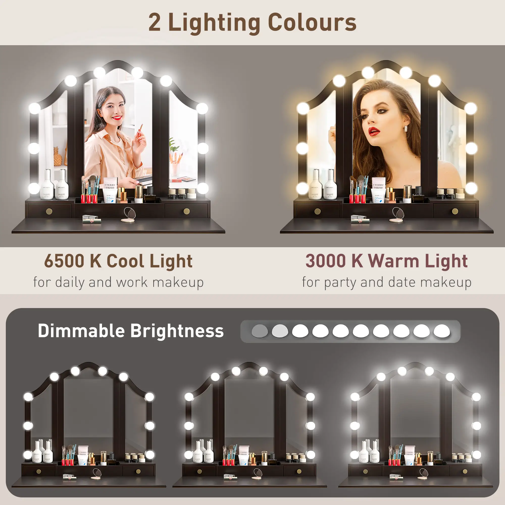 Makeup Vanity Desk with Mirror, Stool, 10 LED Lights, Black - Image 4