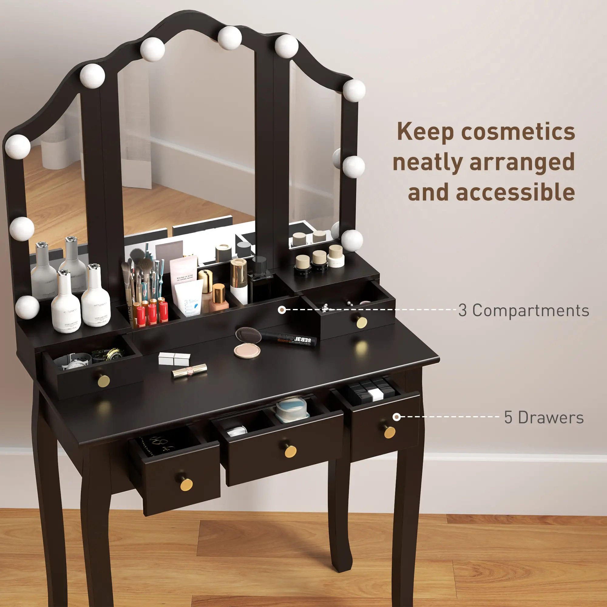 Makeup Vanity Desk with Mirror, Stool, 10 LED Lights, Black - Image 5