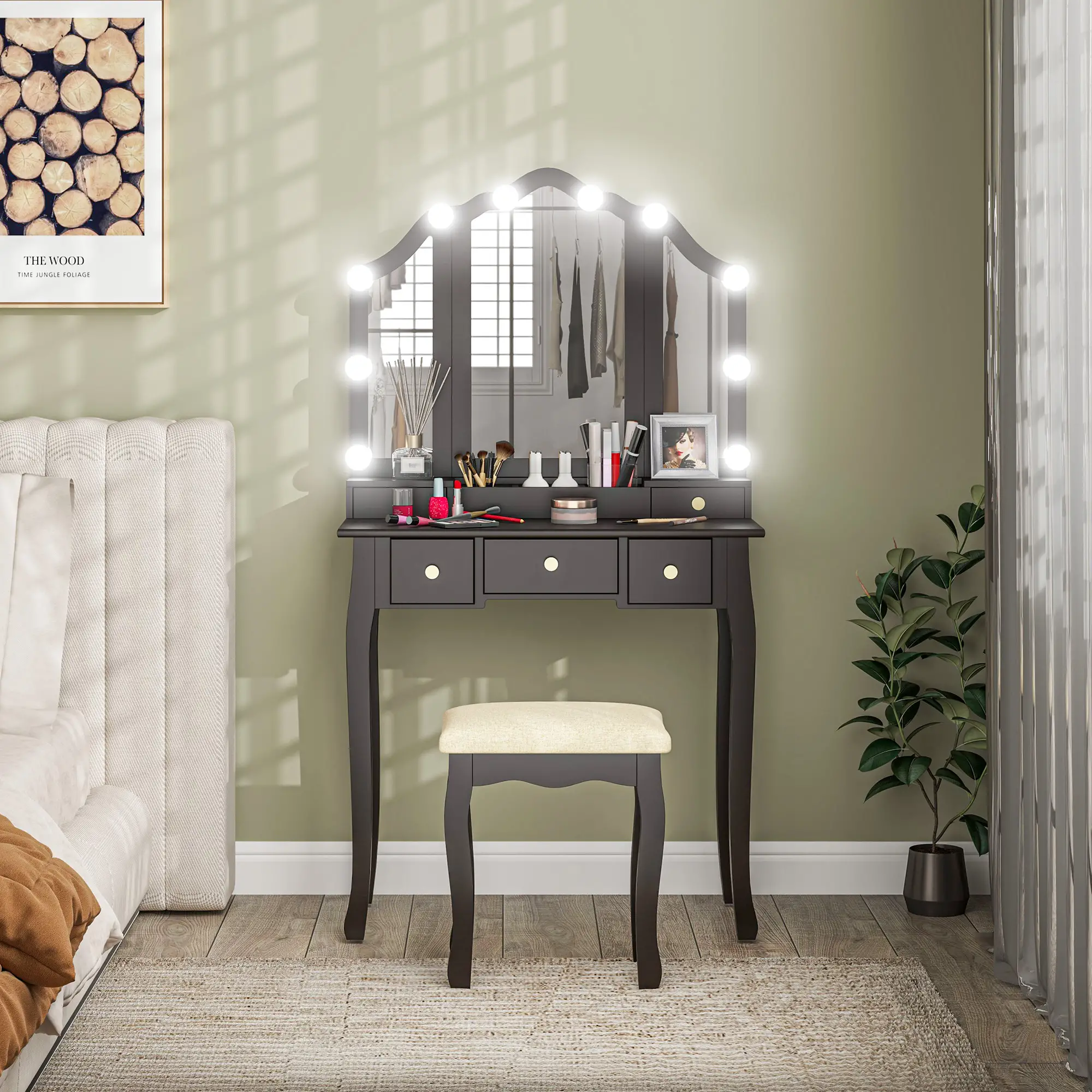 Makeup Vanity Desk with Mirror, Stool, 10 LED Lights, Black - Image 9