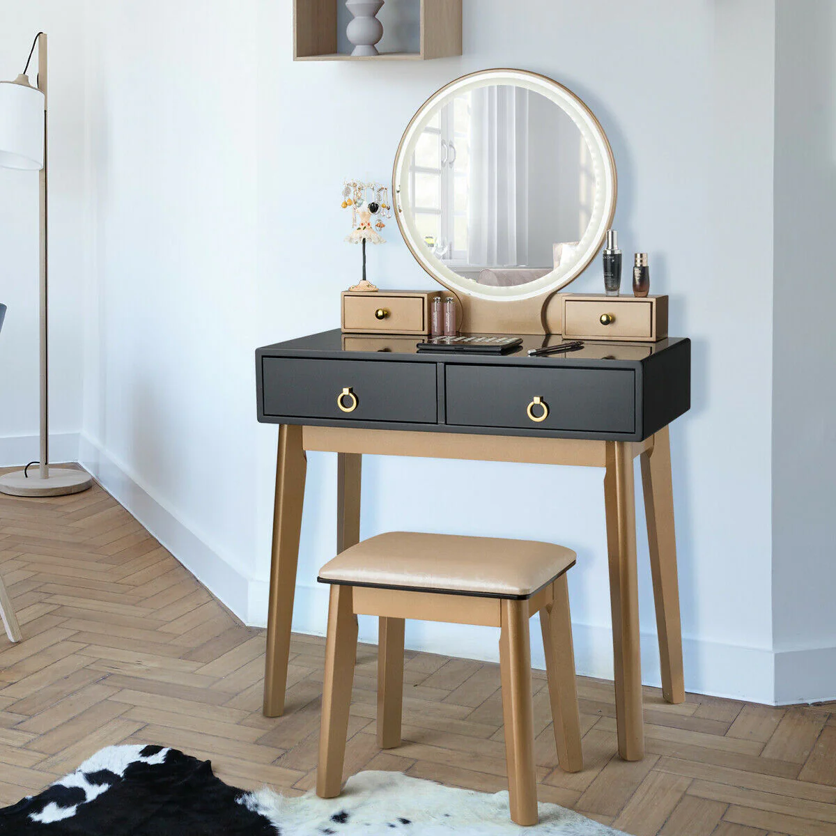 Makeup Vanity Table Set, 3 Color Lighting, Black - Image 2