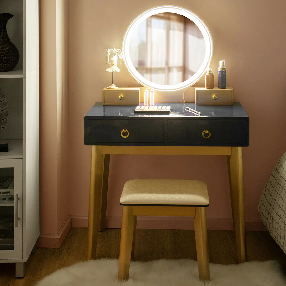 Makeup Vanity Table Set, 3 Color Lighting, Black - Image 8