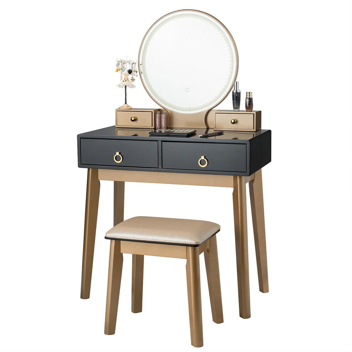 Makeup Vanity Table Set, 3 Color Lighting, Black - Image 9