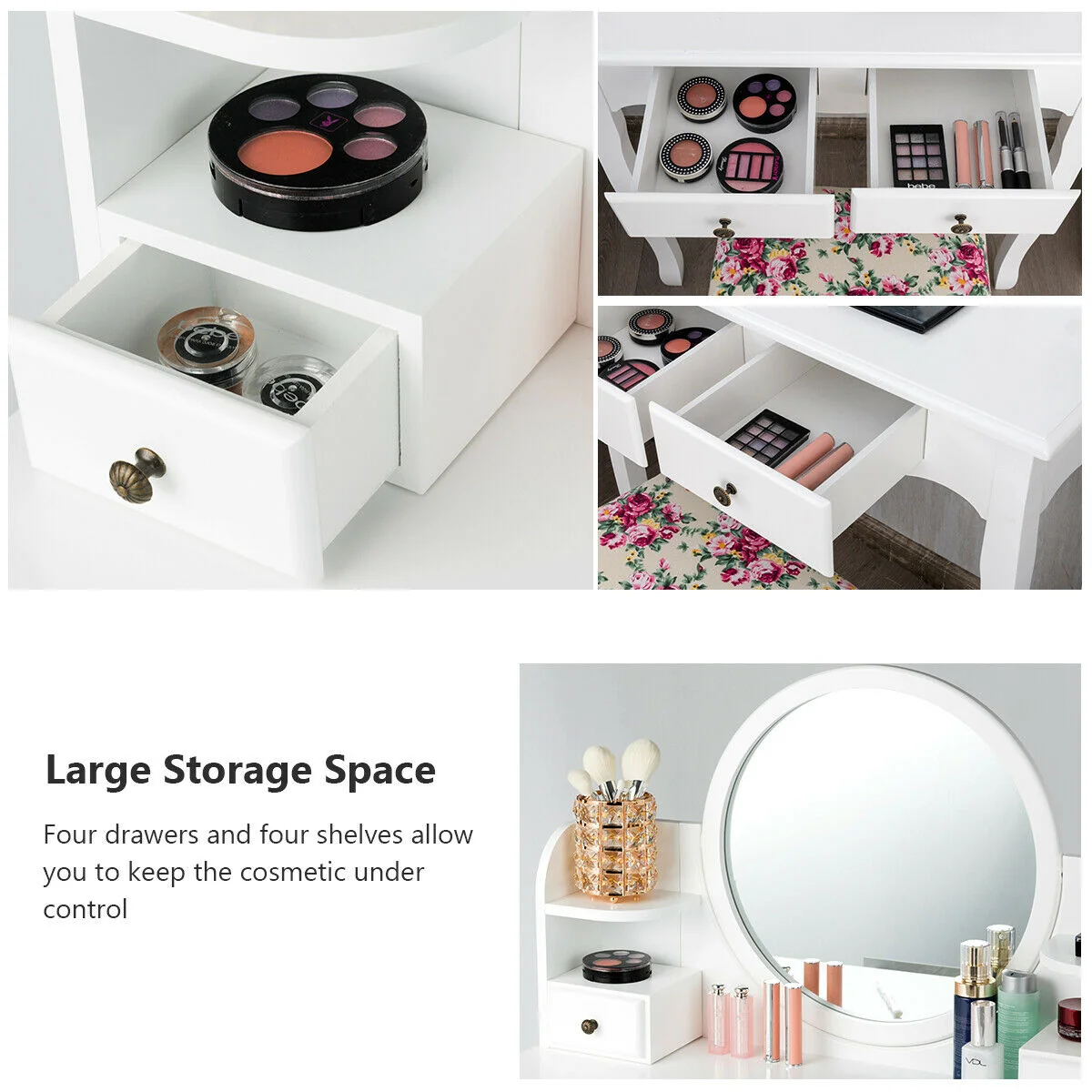 Makeup Vanity Table Set With Drawers, Oval Mirror, White - Image 10