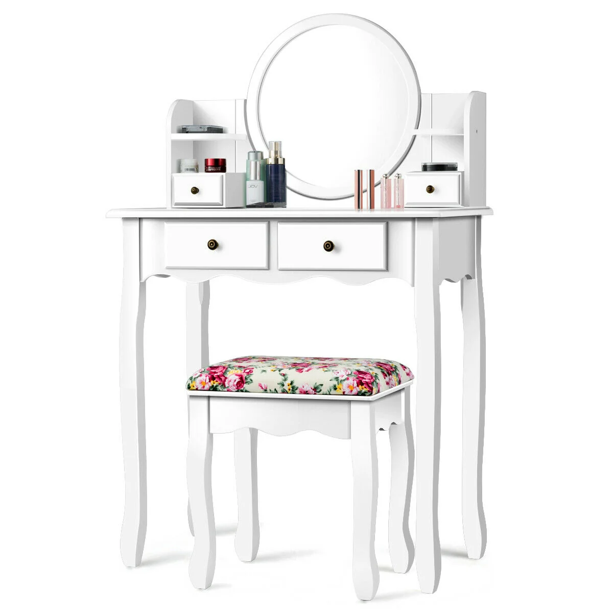 Makeup Vanity Table Set With Drawers, Oval Mirror, White - Image 4