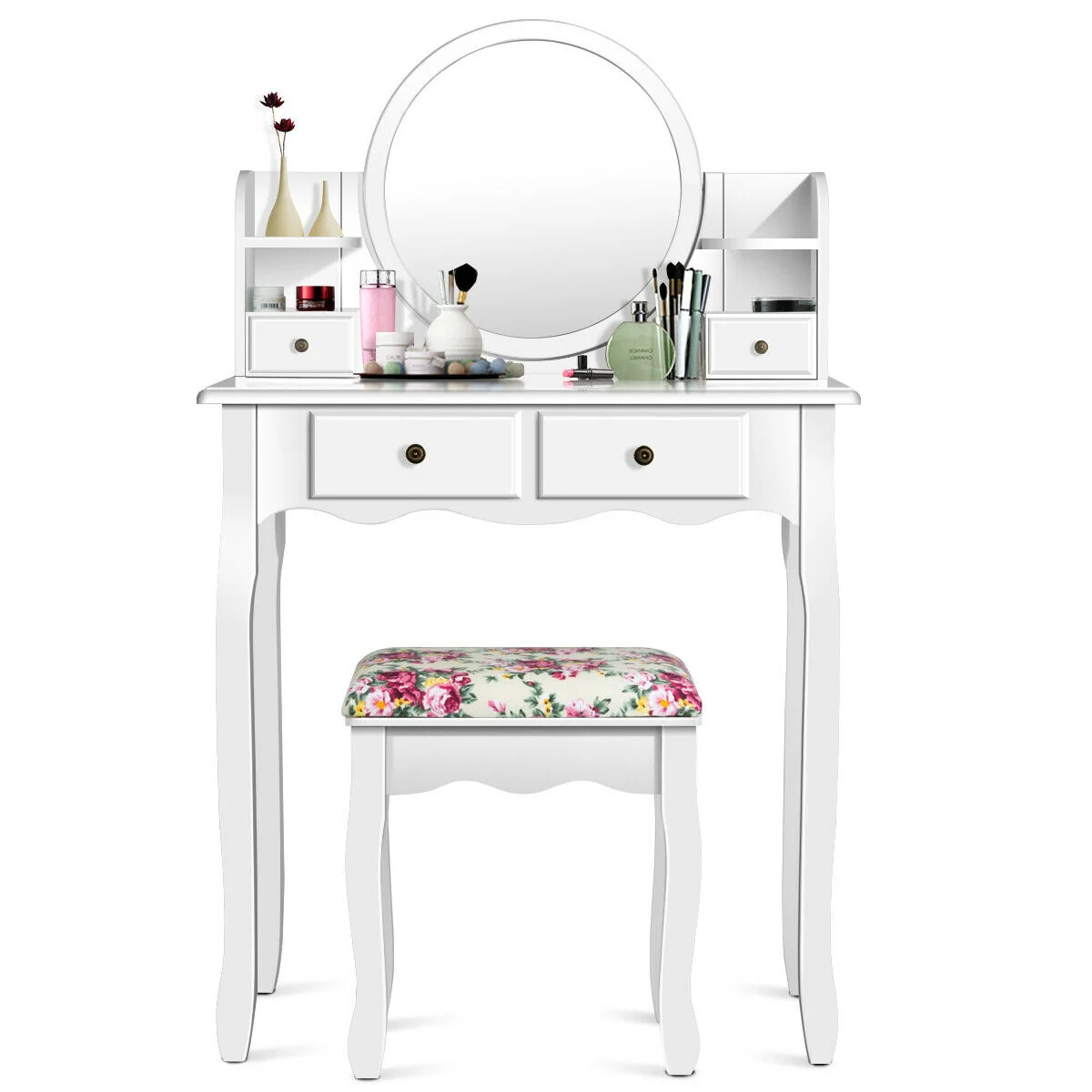 Makeup Vanity Table Set With Drawers, Oval Mirror, White - Image 5