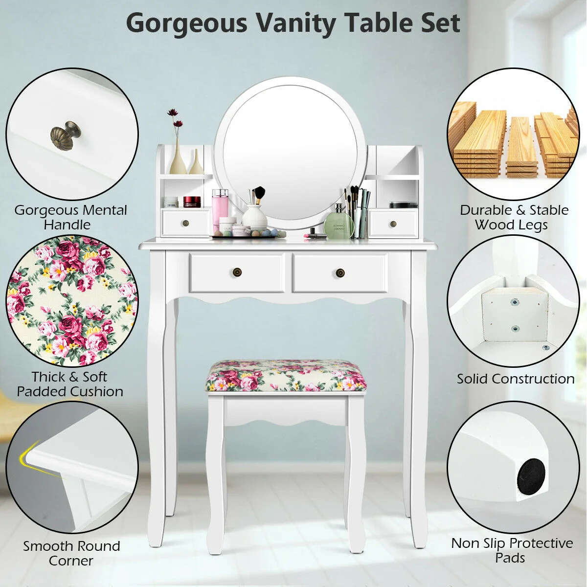 Makeup Vanity Table Set With Drawers, Oval Mirror, White - Image 9