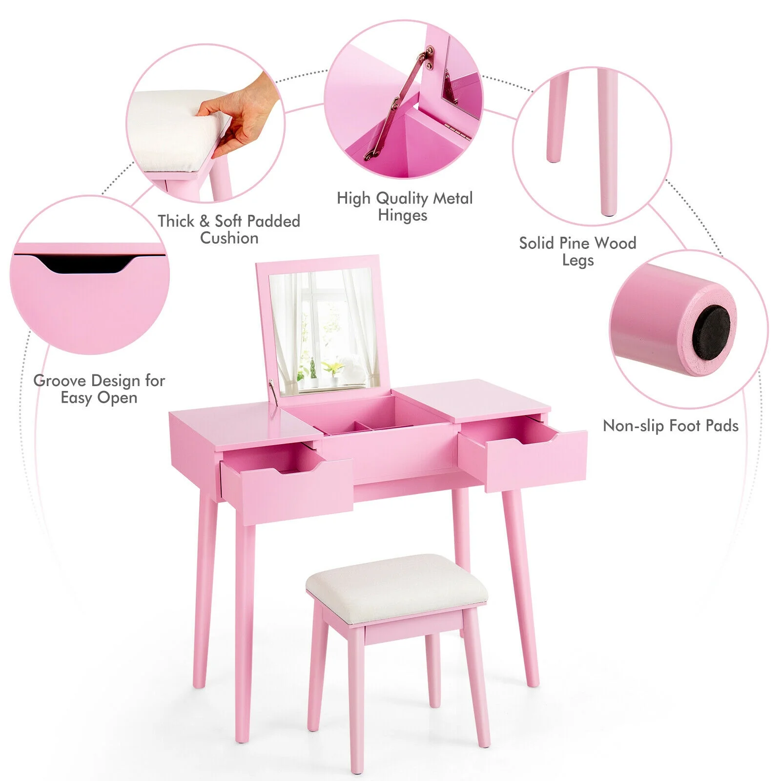 Makeup Vanity Table With Flip Top Mirror, 2 Drawers, Pink - Image 10